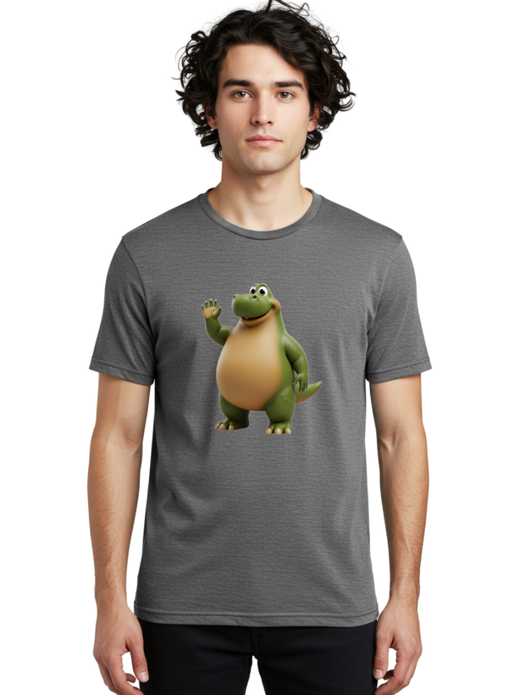 Cartoon-T-Rex Men'S Graphic Tee, 100% Cotton, Comfortable Casual Summer Wear, Machine Washable, Cartoon Alligator, 3D Character, Green Alligator, Friendly Creature, Cartoon Animal, Animated Character, Children'S Entertainment, Nursery Decor, Bae395