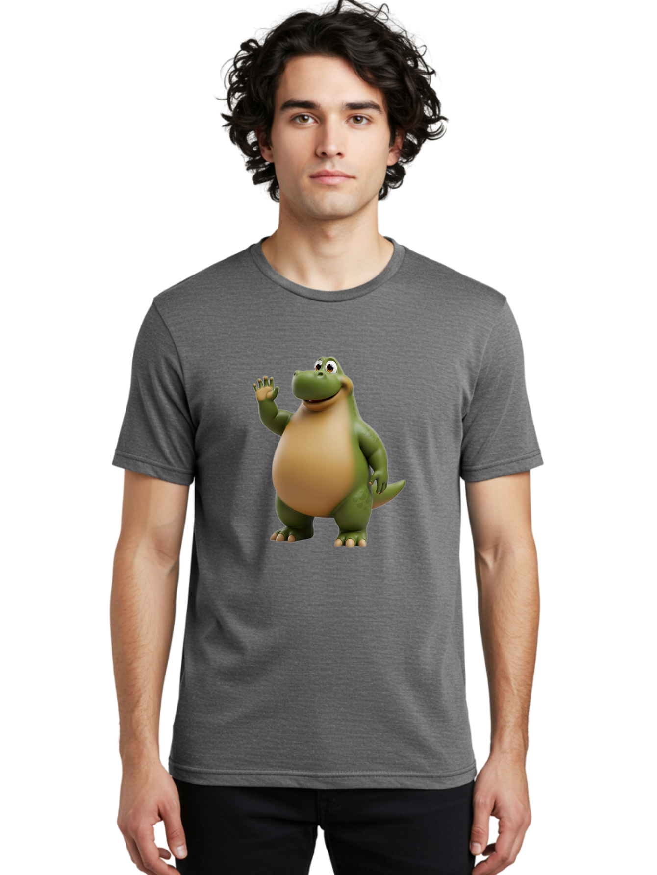 Cartoon-T-Rex Men'S Graphic Tee, 100% Cotton, Comfortable Casual Summer Wear, Machine Washable, Cartoon Alligator, 3D Character, Green Alligator, Friendly Creature, Cartoon Animal, Animated Character, Children'S Entertainment, Nursery Decor, Bae395