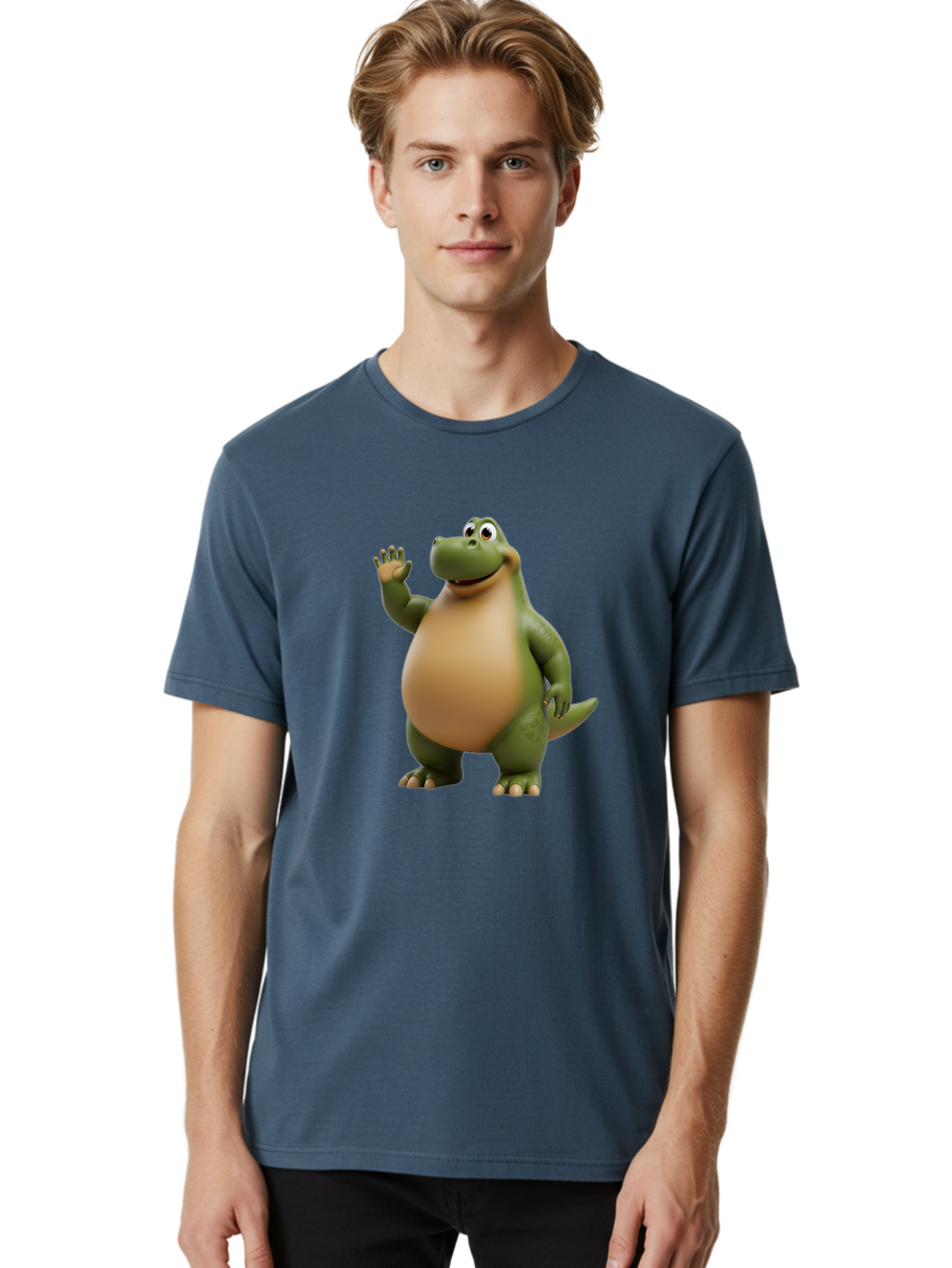 Cartoon-T-Rex Men'S Graphic Tee, 100% Cotton, Comfortable Casual Summer Wear, Machine Washable, Cartoon Alligator, 3D Character, Green Alligator, Friendly Creature, Cartoon Animal, Animated Character, Children'S Entertainment, Nursery Decor, Bae395