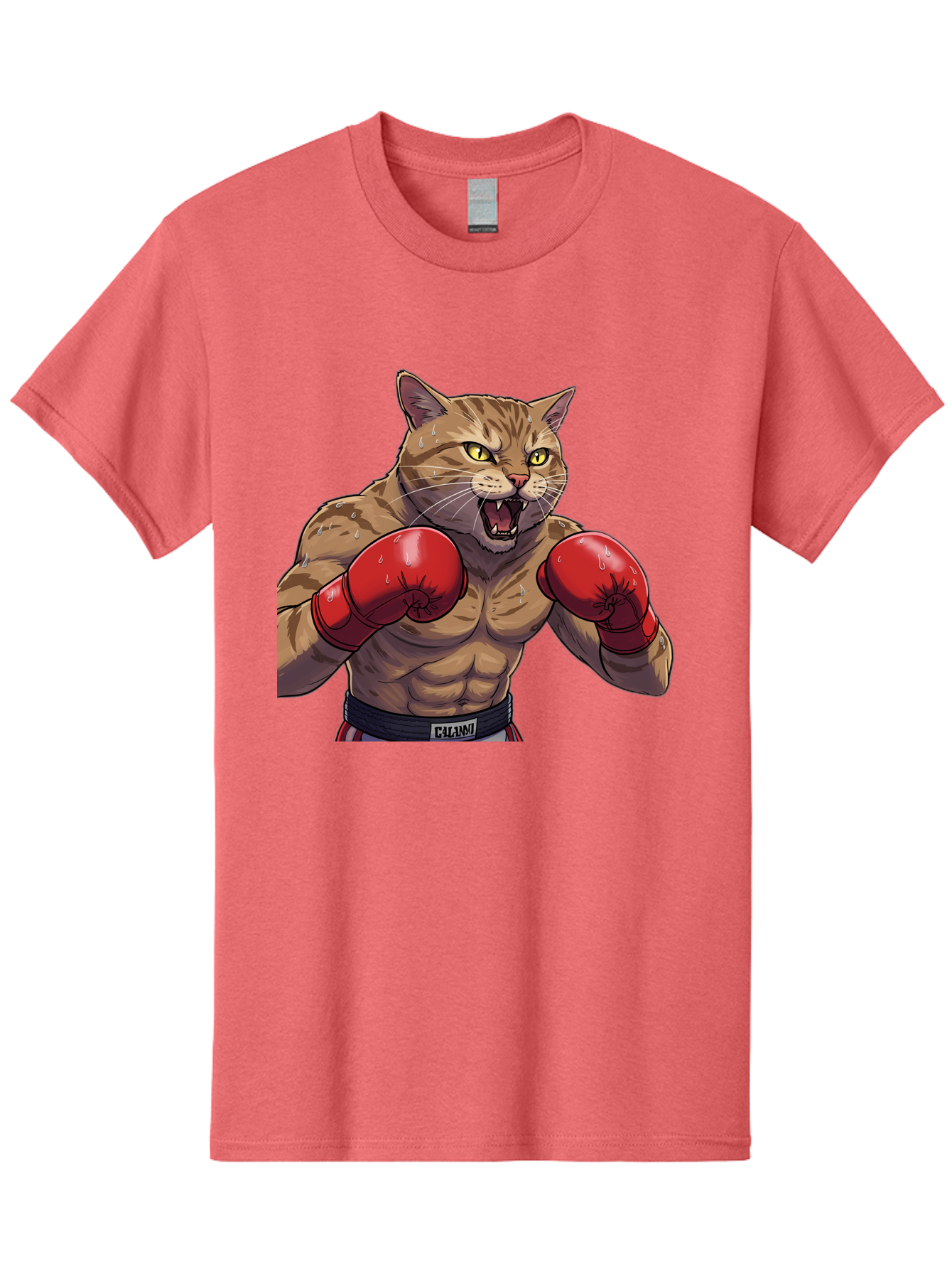 Cat-Boxer-1 Men'S Graphic Tee, 100% Cotton, Comfortable Casual Summer Wear, Machine Washable, Muscular Cat, Boxing Gloves, Fighting Stance, Aggressive Expression, Cartoon Character, Fitness, Athleticism, Feline, Combat Sports, Bae396