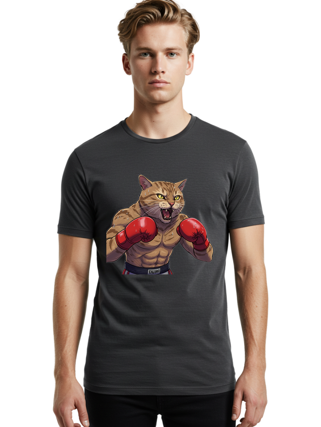 Cat-Boxer-1 Men'S Graphic Tee, 100% Cotton, Comfortable Casual Summer Wear, Machine Washable, Muscular Cat, Boxing Gloves, Fighting Stance, Aggressive Expression, Cartoon Character, Fitness, Athleticism, Feline, Combat Sports, Bae396