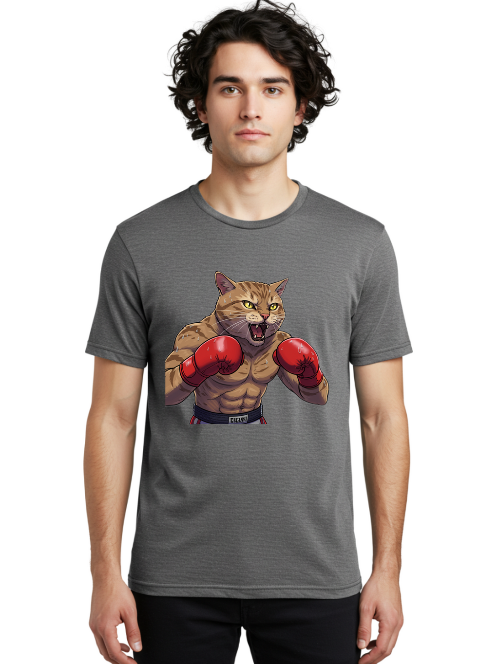Cat-Boxer-1 Men'S Graphic Tee, 100% Cotton, Comfortable Casual Summer Wear, Machine Washable, Muscular Cat, Boxing Gloves, Fighting Stance, Aggressive Expression, Cartoon Character, Fitness, Athleticism, Feline, Combat Sports, Bae396