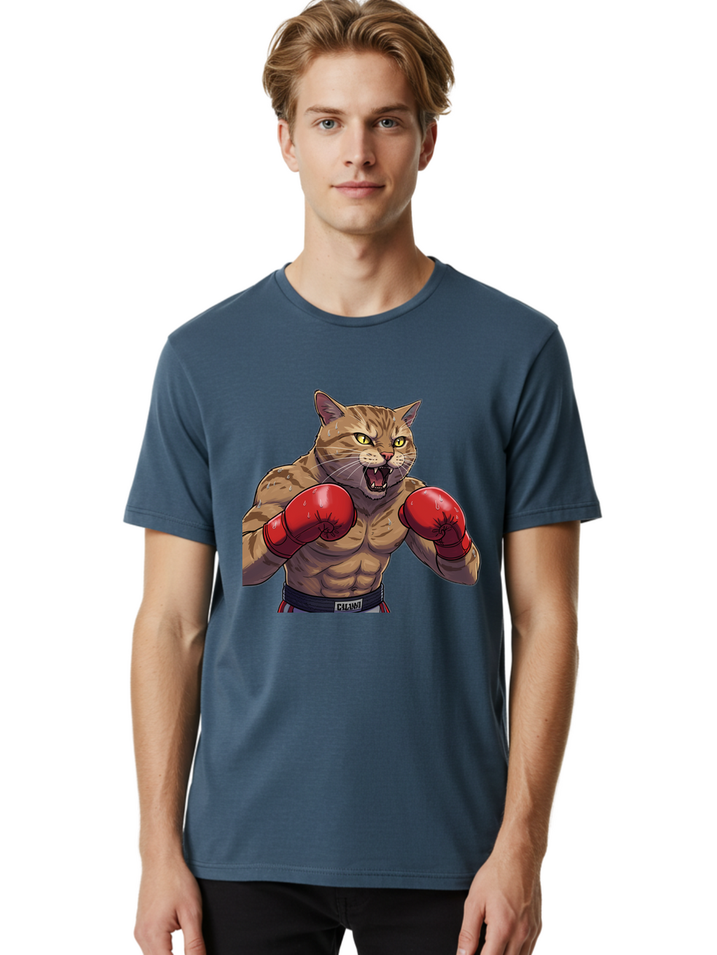 Cat-Boxer-1 Men'S Graphic Tee, 100% Cotton, Comfortable Casual Summer Wear, Machine Washable, Muscular Cat, Boxing Gloves, Fighting Stance, Aggressive Expression, Cartoon Character, Fitness, Athleticism, Feline, Combat Sports, Bae396