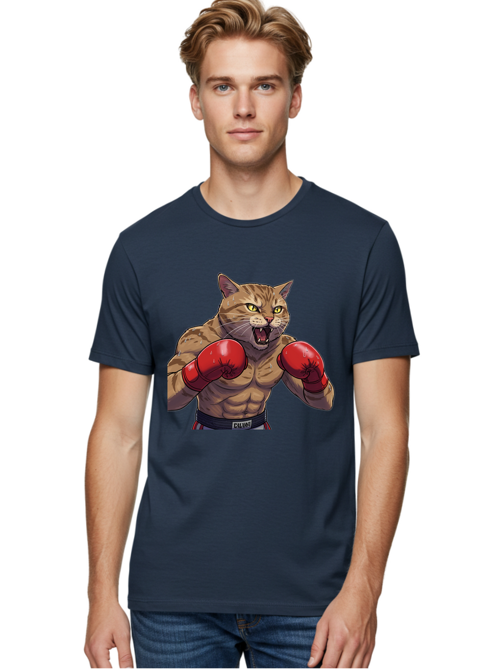 Cat-Boxer-1 Men'S Graphic Tee, 100% Cotton, Comfortable Casual Summer Wear, Machine Washable, Muscular Cat, Boxing Gloves, Fighting Stance, Aggressive Expression, Cartoon Character, Fitness, Athleticism, Feline, Combat Sports, Bae396
