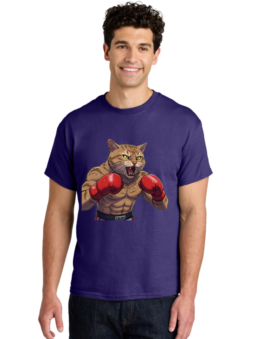 Cat-Boxer-1 Men'S Graphic Tee, 100% Cotton, Comfortable Casual Summer Wear, Machine Washable, Muscular Cat, Boxing Gloves, Fighting Stance, Aggressive Expression, Cartoon Character, Fitness, Athleticism, Feline, Combat Sports, Bae396