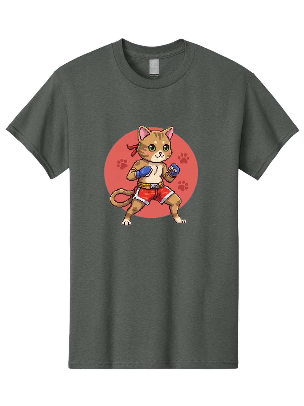 Cat-Boxer Men'S Graphic Tee, 100% Cotton, Comfortable Casual Summer Wear, Machine Washable, Cartoon Cat In Boxing Gloves, Muay Thai Fighter, Kawaii Kitty, Fighting Stance, Red Shorts, Blue Gloves, Playful Illustration, Cute Kitten Bae397