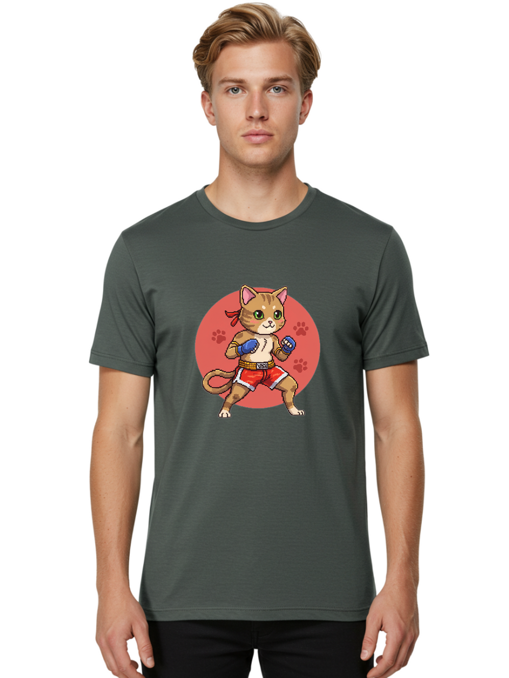 Cat-Boxer Men'S Graphic Tee, 100% Cotton, Comfortable Casual Summer Wear, Machine Washable, Cartoon Cat In Boxing Gloves, Muay Thai Fighter, Kawaii Kitty, Fighting Stance, Red Shorts, Blue Gloves, Playful Illustration, Cute Kitten Bae397