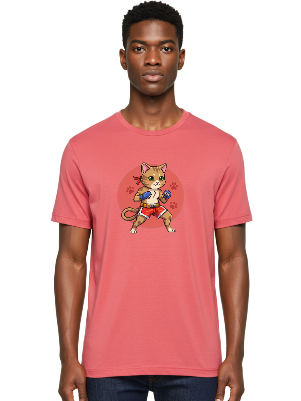 Cat-Boxer Men'S Graphic Tee, 100% Cotton, Comfortable Casual Summer Wear, Machine Washable, Cartoon Cat In Boxing Gloves, Muay Thai Fighter, Kawaii Kitty, Fighting Stance, Red Shorts, Blue Gloves, Playful Illustration, Cute Kitten Bae397