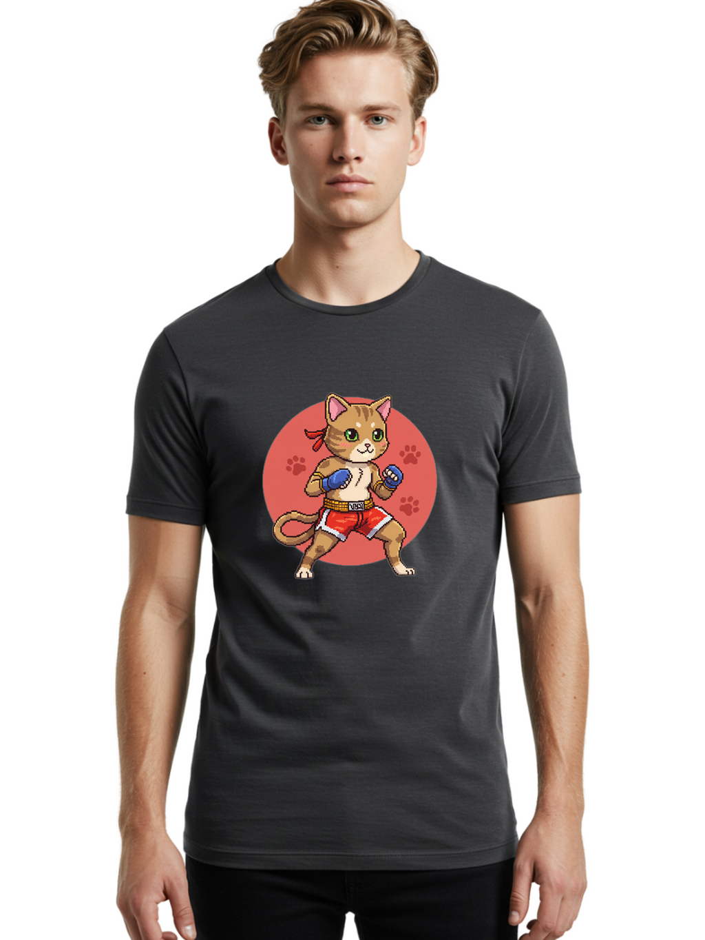 Cat-Boxer Men'S Graphic Tee, 100% Cotton, Comfortable Casual Summer Wear, Machine Washable, Cartoon Cat In Boxing Gloves, Muay Thai Fighter, Kawaii Kitty, Fighting Stance, Red Shorts, Blue Gloves, Playful Illustration, Cute Kitten Bae397