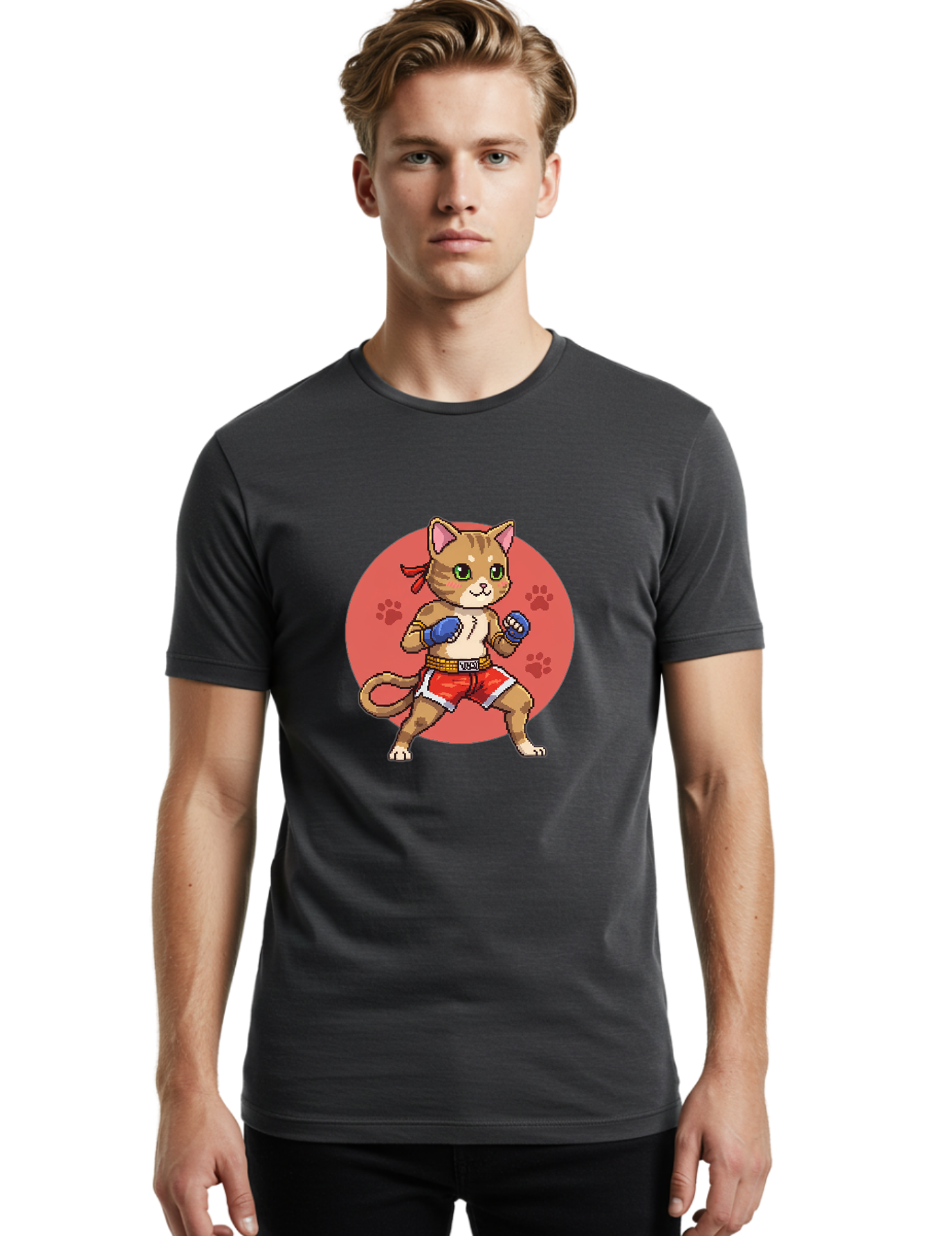 Cat-Boxer Men'S Graphic Tee, 100% Cotton, Comfortable Casual Summer Wear, Machine Washable, Cartoon Cat In Boxing Gloves, Muay Thai Fighter, Kawaii Kitty, Fighting Stance, Red Shorts, Blue Gloves, Playful Illustration, Cute Kitten Bae397