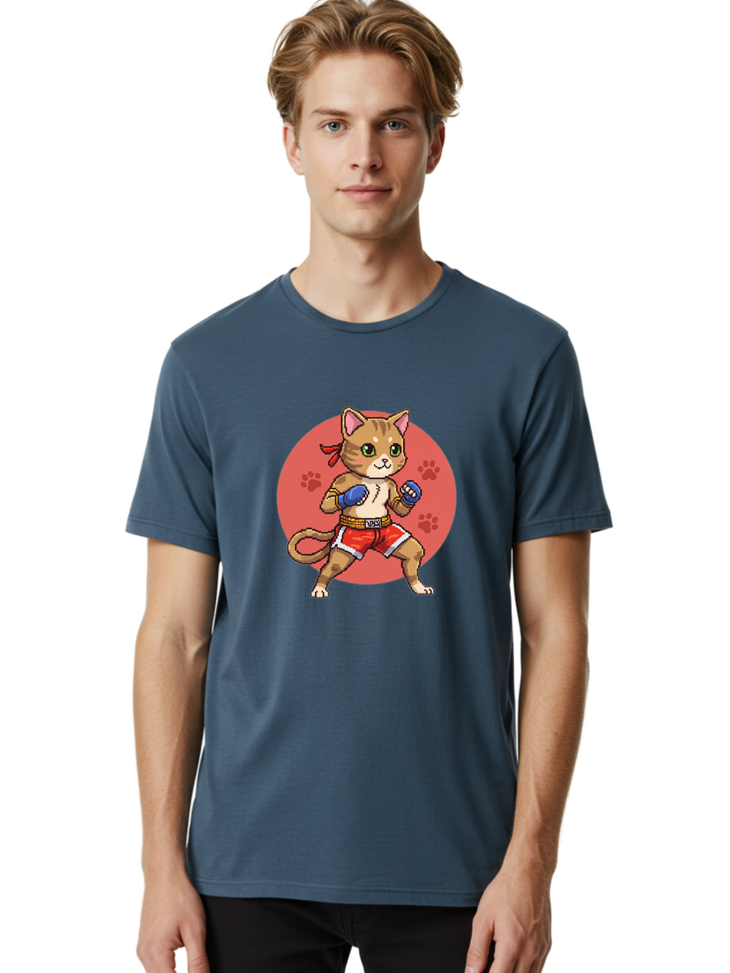 Cat-Boxer Men'S Graphic Tee, 100% Cotton, Comfortable Casual Summer Wear, Machine Washable, Cartoon Cat In Boxing Gloves, Muay Thai Fighter, Kawaii Kitty, Fighting Stance, Red Shorts, Blue Gloves, Playful Illustration, Cute Kitten Bae397
