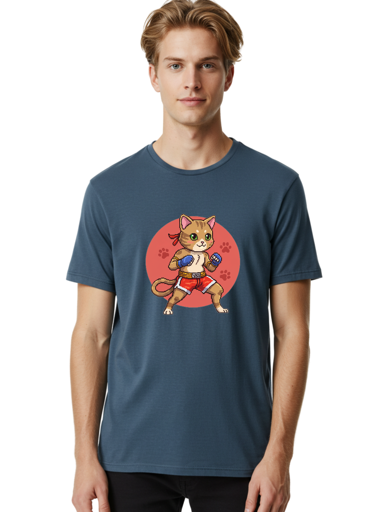 Cat-Boxer Men'S Graphic Tee, 100% Cotton, Comfortable Casual Summer Wear, Machine Washable, Cartoon Cat In Boxing Gloves, Muay Thai Fighter, Kawaii Kitty, Fighting Stance, Red Shorts, Blue Gloves, Playful Illustration, Cute Kitten Bae397