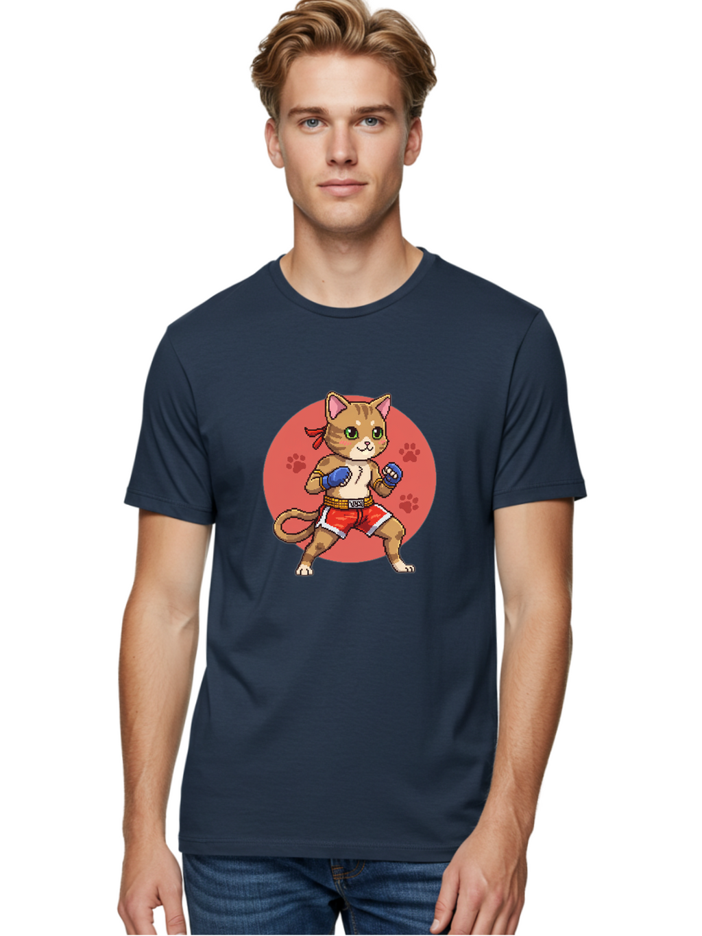 Cat-Boxer Men'S Graphic Tee, 100% Cotton, Comfortable Casual Summer Wear, Machine Washable, Cartoon Cat In Boxing Gloves, Muay Thai Fighter, Kawaii Kitty, Fighting Stance, Red Shorts, Blue Gloves, Playful Illustration, Cute Kitten Bae397