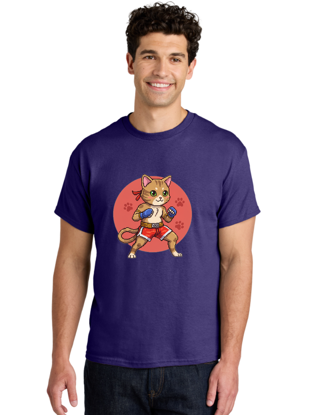 Cat-Boxer Men'S Graphic Tee, 100% Cotton, Comfortable Casual Summer Wear, Machine Washable, Cartoon Cat In Boxing Gloves, Muay Thai Fighter, Kawaii Kitty, Fighting Stance, Red Shorts, Blue Gloves, Playful Illustration, Cute Kitten Bae397