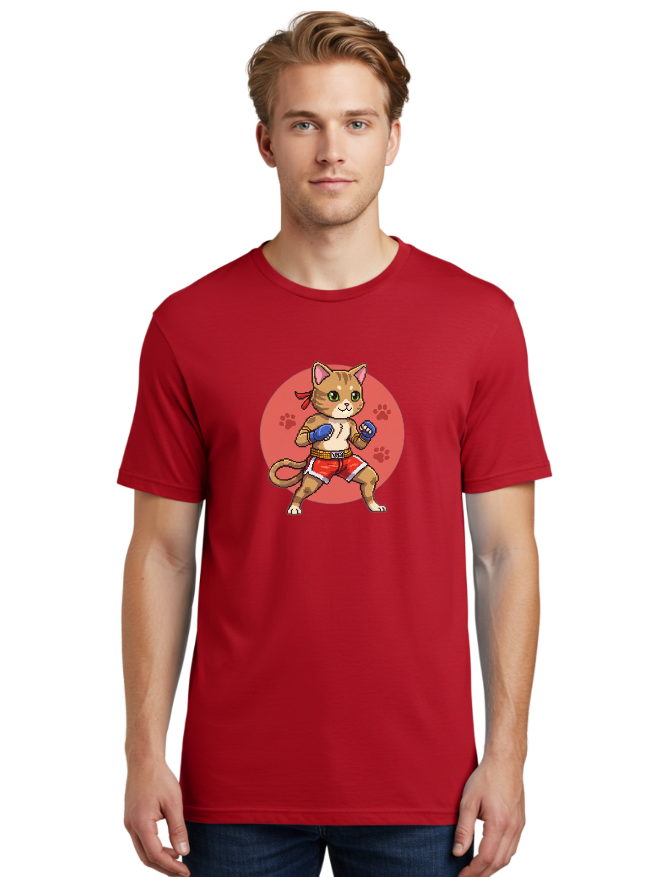Cat-Boxer Men'S Graphic Tee, 100% Cotton, Comfortable Casual Summer Wear, Machine Washable, Cartoon Cat In Boxing Gloves, Muay Thai Fighter, Kawaii Kitty, Fighting Stance, Red Shorts, Blue Gloves, Playful Illustration, Cute Kitten Bae397