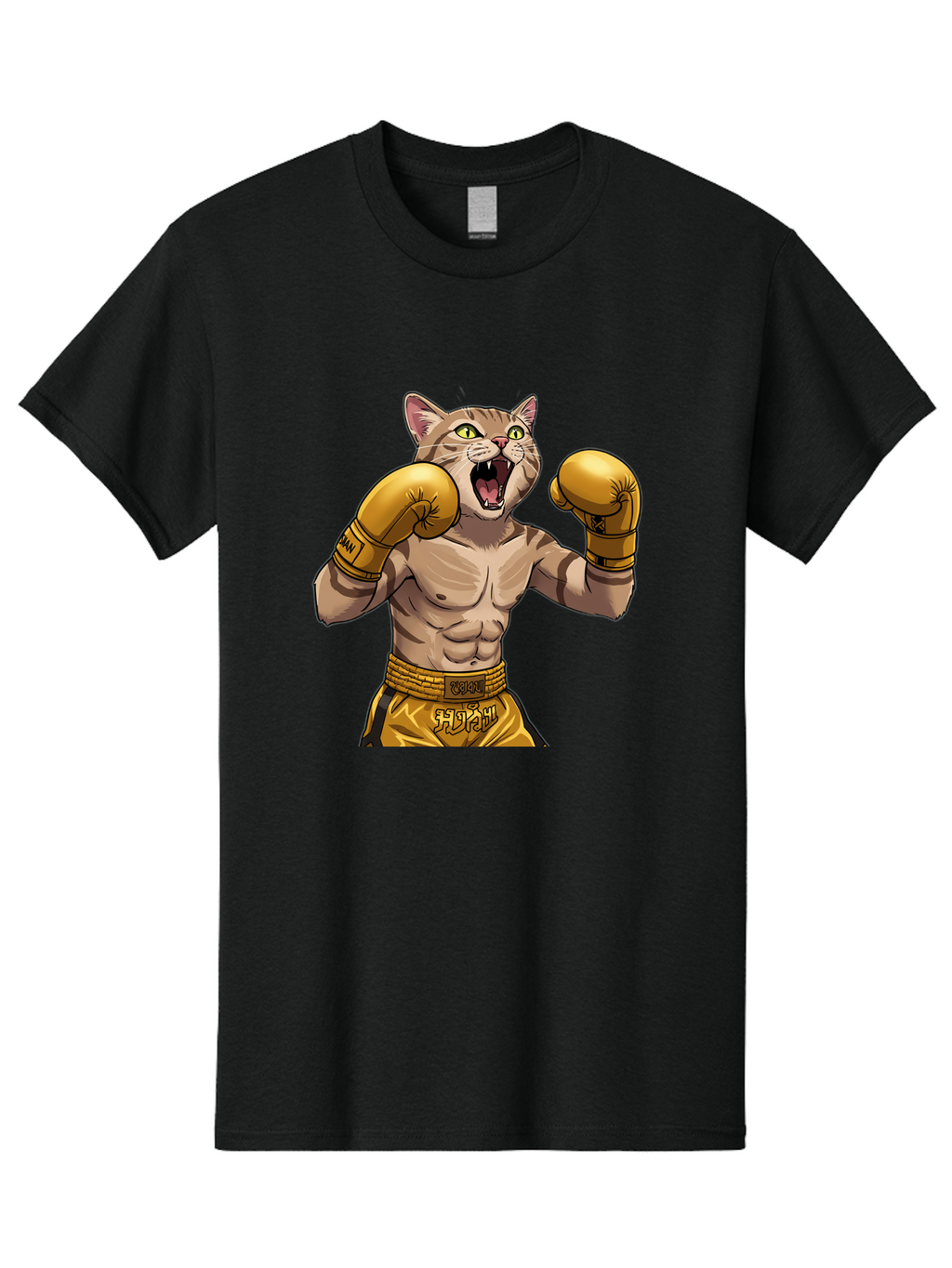 Cat-Fighter Men'S Graphic Tee, 100% Cotton, Comfortable Casual Summer Wear, Machine Washable, Cartoon Cat, Boxer Cat, Boxing Gloves, Martial Arts, Fitness, Anthropomorphic Animal, Fighting Stance, Strong Cat, Muscular Cat, Bae398