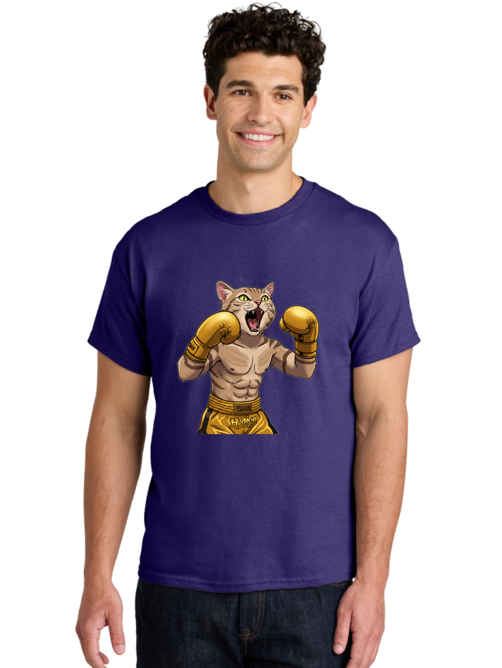 Cat-Fighter Men'S Graphic Tee, 100% Cotton, Comfortable Casual Summer Wear, Machine Washable, Cartoon Cat, Boxer Cat, Boxing Gloves, Martial Arts, Fitness, Anthropomorphic Animal, Fighting Stance, Strong Cat, Muscular Cat, Bae398