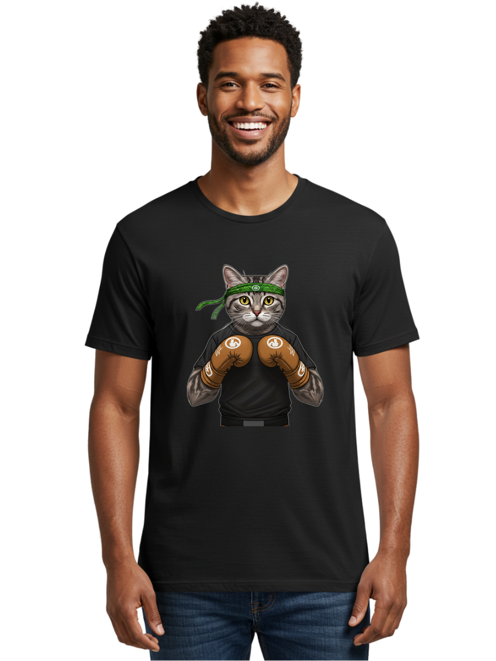 Cat-In-Boxing-Gloves Men'S Graphic Tee, 100% Cotton, Comfortable Casual Summer Wear, Machine Washable, Gray Tabby Cat, Boxing Gloves, Martial Arts Headband, Ninja Cat, Cool Cat, Funny Cat, Boxing Cat, Warrior Cat, Humorous Illustration, Bae399