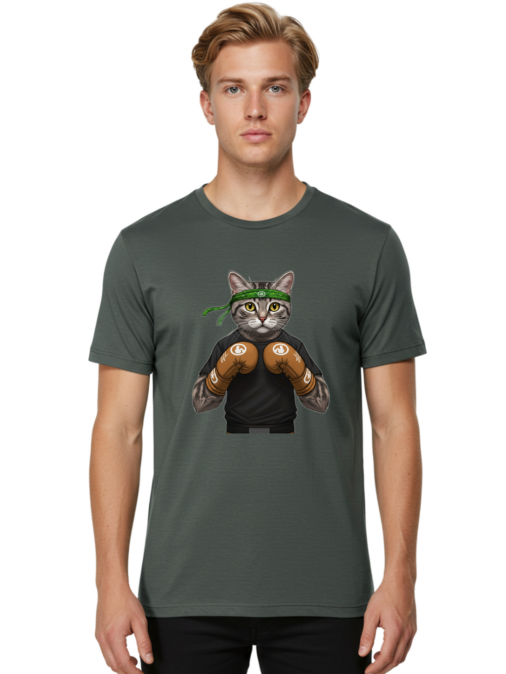 Cat-In-Boxing-Gloves Men'S Graphic Tee, 100% Cotton, Comfortable Casual Summer Wear, Machine Washable, Gray Tabby Cat, Boxing Gloves, Martial Arts Headband, Ninja Cat, Cool Cat, Funny Cat, Boxing Cat, Warrior Cat, Humorous Illustration, Bae399