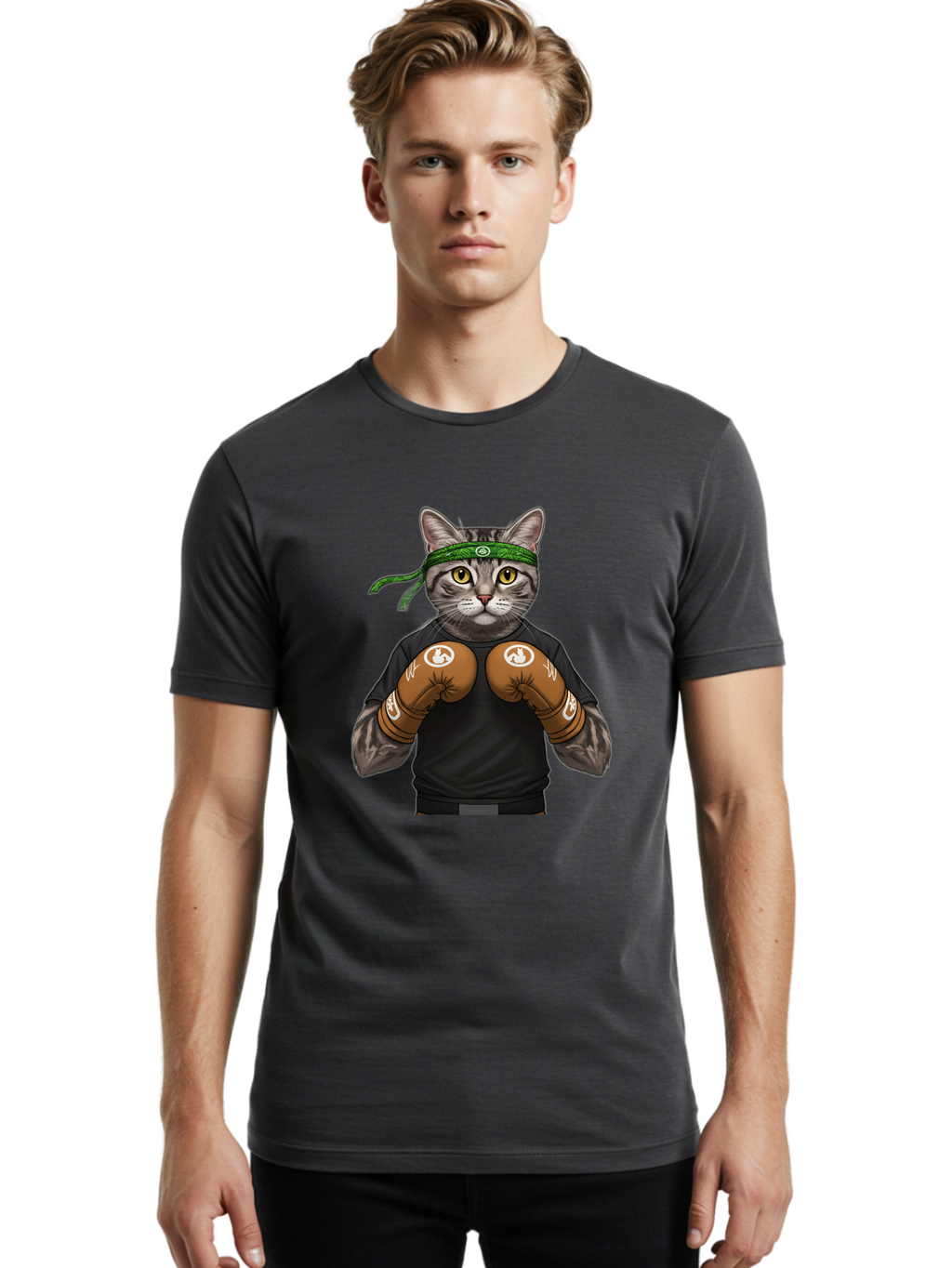 Cat-In-Boxing-Gloves Men'S Graphic Tee, 100% Cotton, Comfortable Casual Summer Wear, Machine Washable, Gray Tabby Cat, Boxing Gloves, Martial Arts Headband, Ninja Cat, Cool Cat, Funny Cat, Boxing Cat, Warrior Cat, Humorous Illustration, Bae399