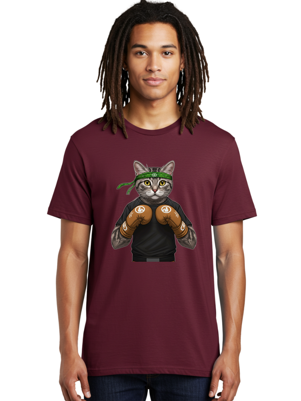 Cat-In-Boxing-Gloves Men'S Graphic Tee, 100% Cotton, Comfortable Casual Summer Wear, Machine Washable, Gray Tabby Cat, Boxing Gloves, Martial Arts Headband, Ninja Cat, Cool Cat, Funny Cat, Boxing Cat, Warrior Cat, Humorous Illustration, Bae399