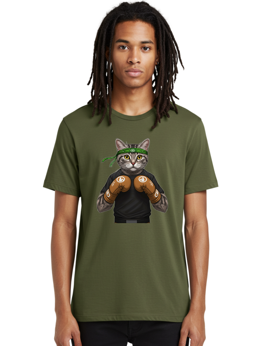 Cat-In-Boxing-Gloves Men'S Graphic Tee, 100% Cotton, Comfortable Casual Summer Wear, Machine Washable, Gray Tabby Cat, Boxing Gloves, Martial Arts Headband, Ninja Cat, Cool Cat, Funny Cat, Boxing Cat, Warrior Cat, Humorous Illustration, Bae399
