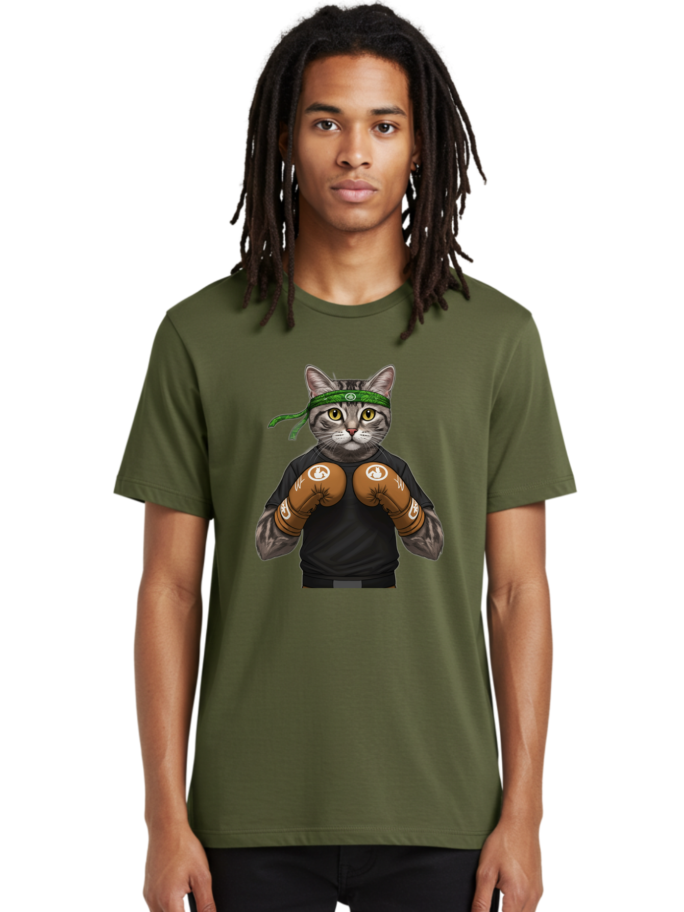 Cat-In-Boxing-Gloves Men'S Graphic Tee, 100% Cotton, Comfortable Casual Summer Wear, Machine Washable, Gray Tabby Cat, Boxing Gloves, Martial Arts Headband, Ninja Cat, Cool Cat, Funny Cat, Boxing Cat, Warrior Cat, Humorous Illustration, Bae399