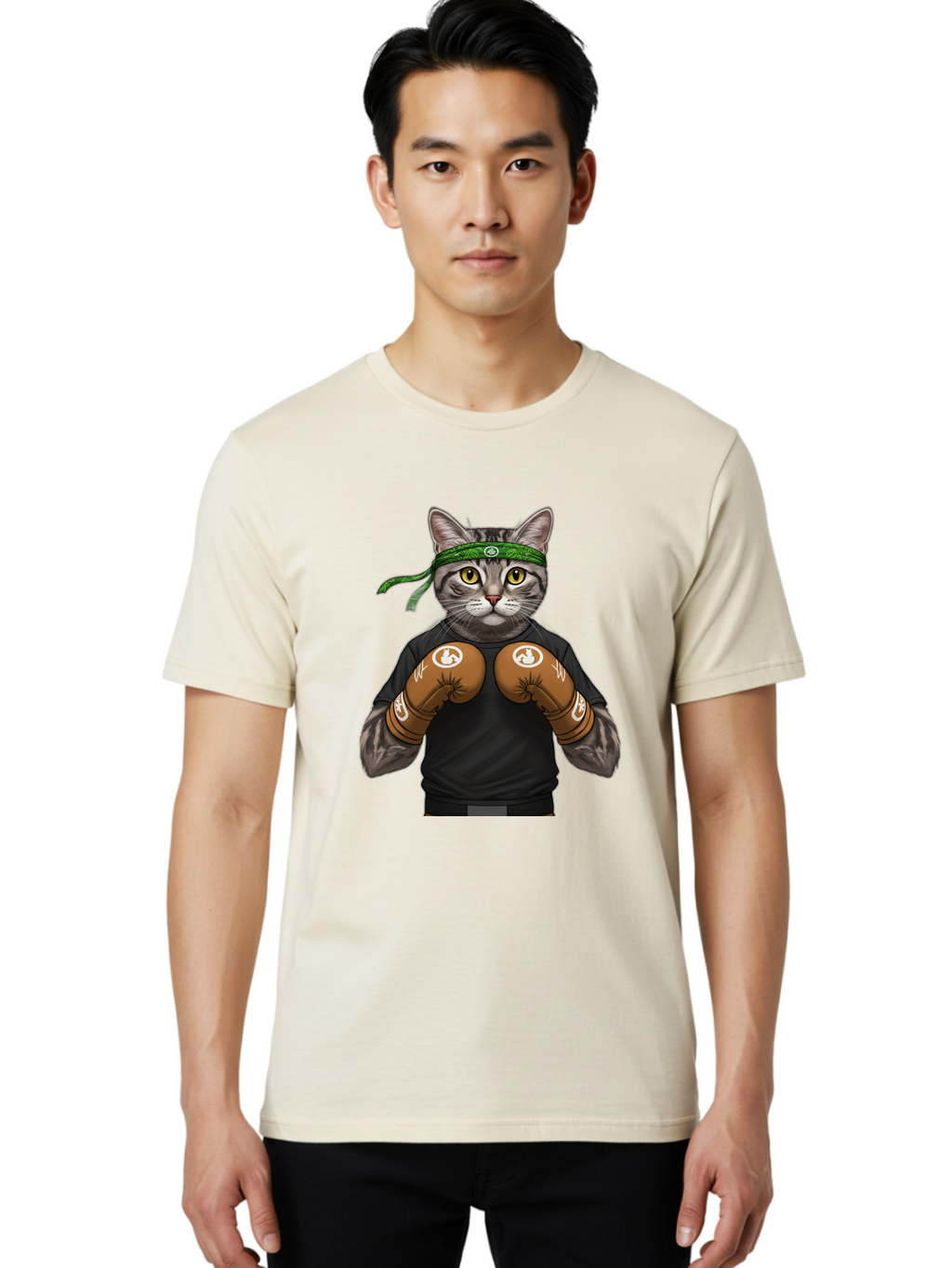 Cat-In-Boxing-Gloves Men'S Graphic Tee, 100% Cotton, Comfortable Casual Summer Wear, Machine Washable, Gray Tabby Cat, Boxing Gloves, Martial Arts Headband, Ninja Cat, Cool Cat, Funny Cat, Boxing Cat, Warrior Cat, Humorous Illustration, Bae399