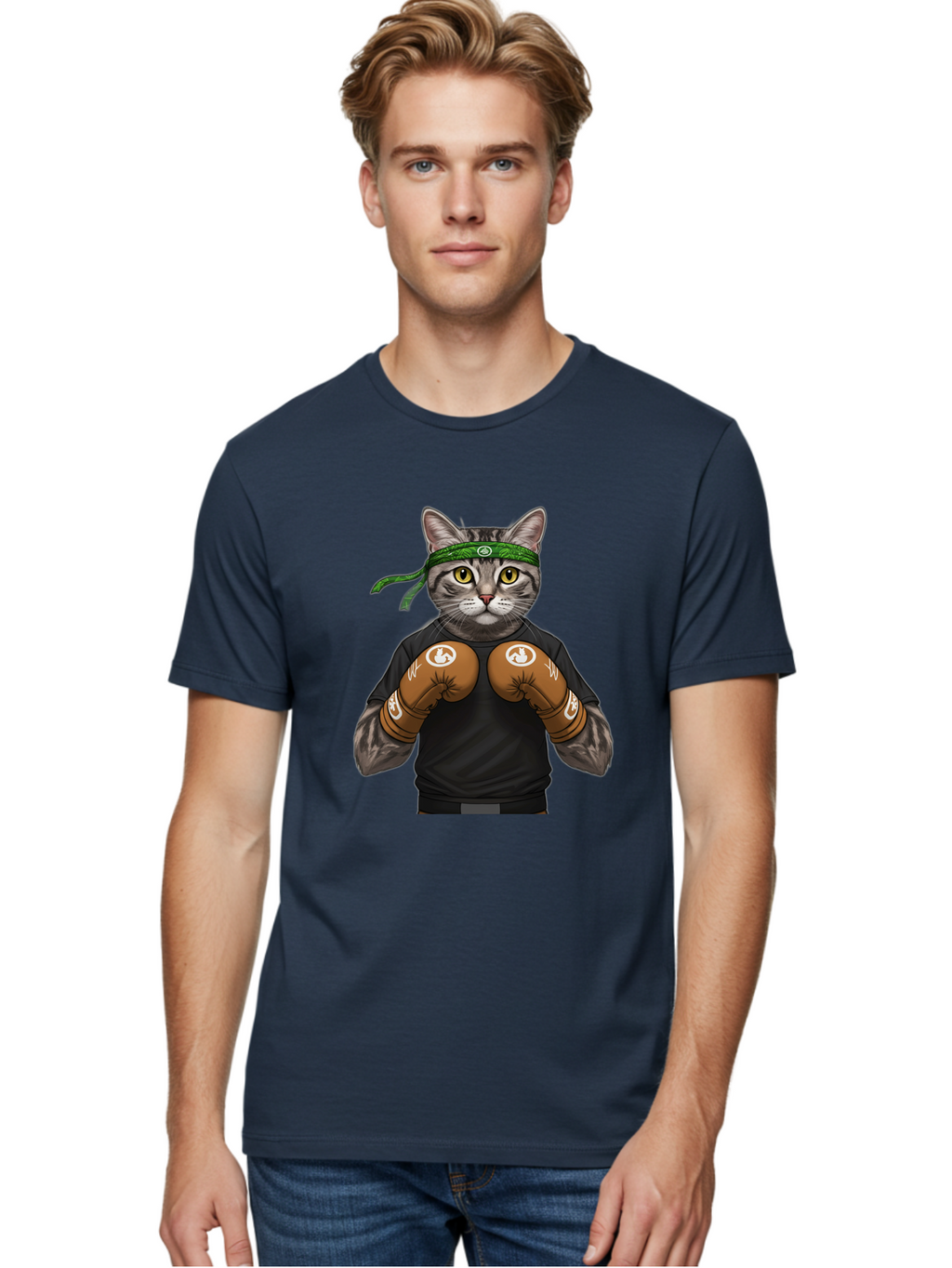 Cat-In-Boxing-Gloves Men'S Graphic Tee, 100% Cotton, Comfortable Casual Summer Wear, Machine Washable, Gray Tabby Cat, Boxing Gloves, Martial Arts Headband, Ninja Cat, Cool Cat, Funny Cat, Boxing Cat, Warrior Cat, Humorous Illustration, Bae399