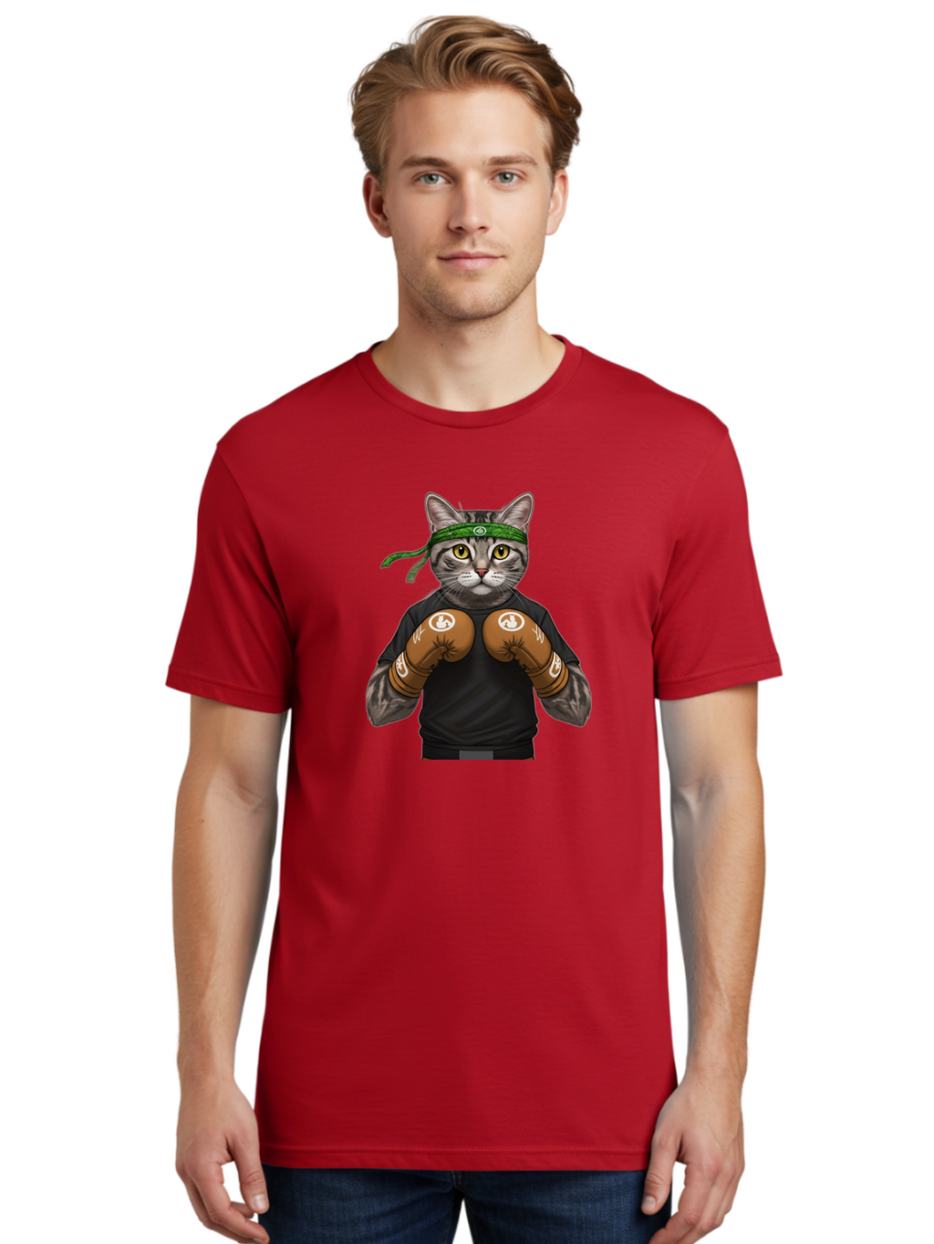 Cat-In-Boxing-Gloves Men'S Graphic Tee, 100% Cotton, Comfortable Casual Summer Wear, Machine Washable, Gray Tabby Cat, Boxing Gloves, Martial Arts Headband, Ninja Cat, Cool Cat, Funny Cat, Boxing Cat, Warrior Cat, Humorous Illustration, Bae399