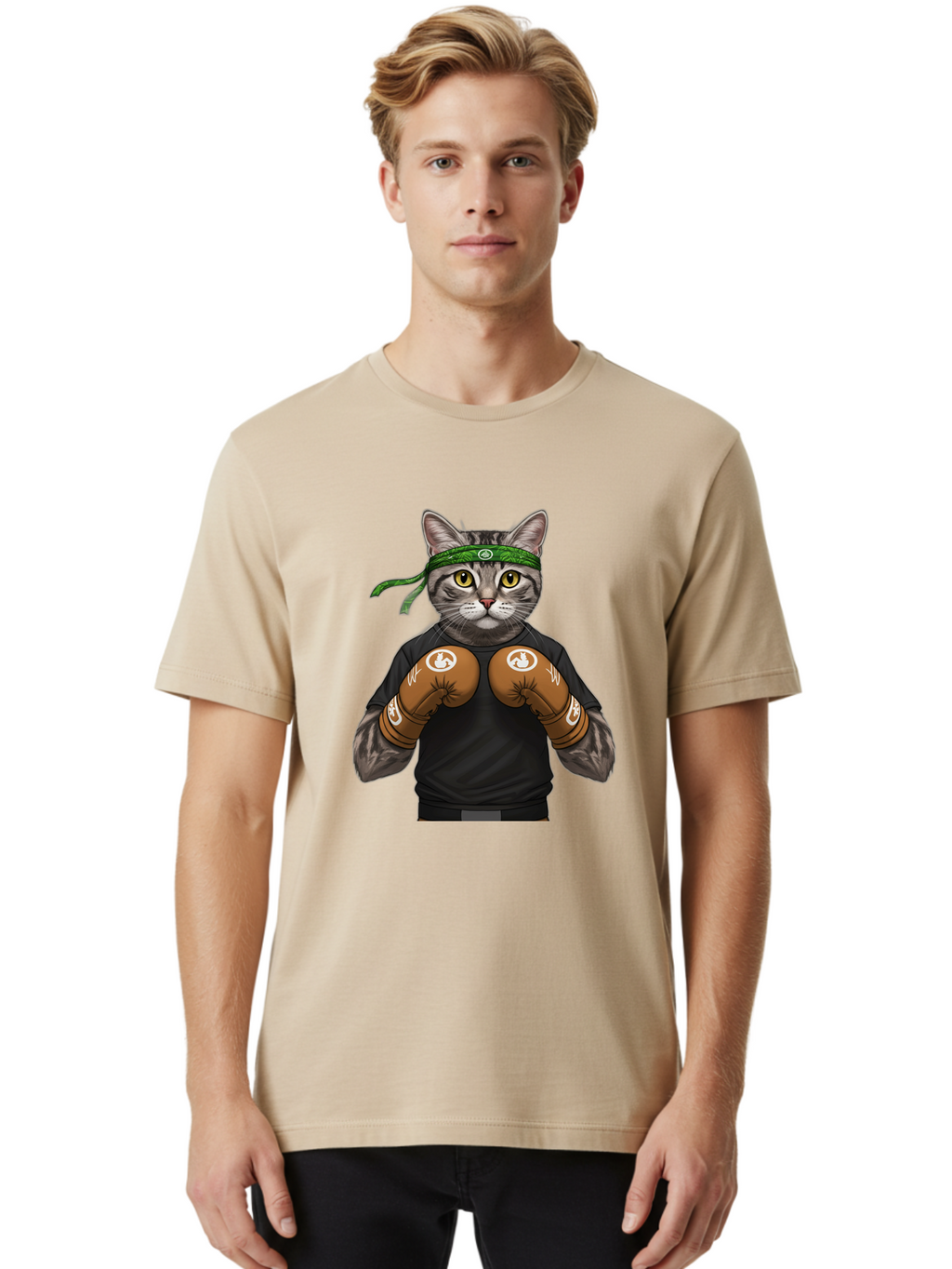 Cat-In-Boxing-Gloves Men'S Graphic Tee, 100% Cotton, Comfortable Casual Summer Wear, Machine Washable, Gray Tabby Cat, Boxing Gloves, Martial Arts Headband, Ninja Cat, Cool Cat, Funny Cat, Boxing Cat, Warrior Cat, Humorous Illustration, Bae399