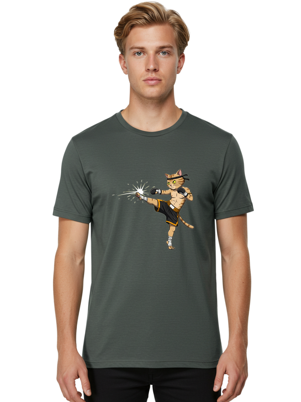 Cat-Kick Men'S Graphic Tee, 100% Cotton, Comfortable Casual Summer Wear, Machine Washable, Cartoon Cat, Muay Thai Fighter, Martial Arts, Kicking, Boxing Gloves, Dynamic Pose, Playful Humor, Animal Athlete, Energetic Motion, Fun Design Bae400