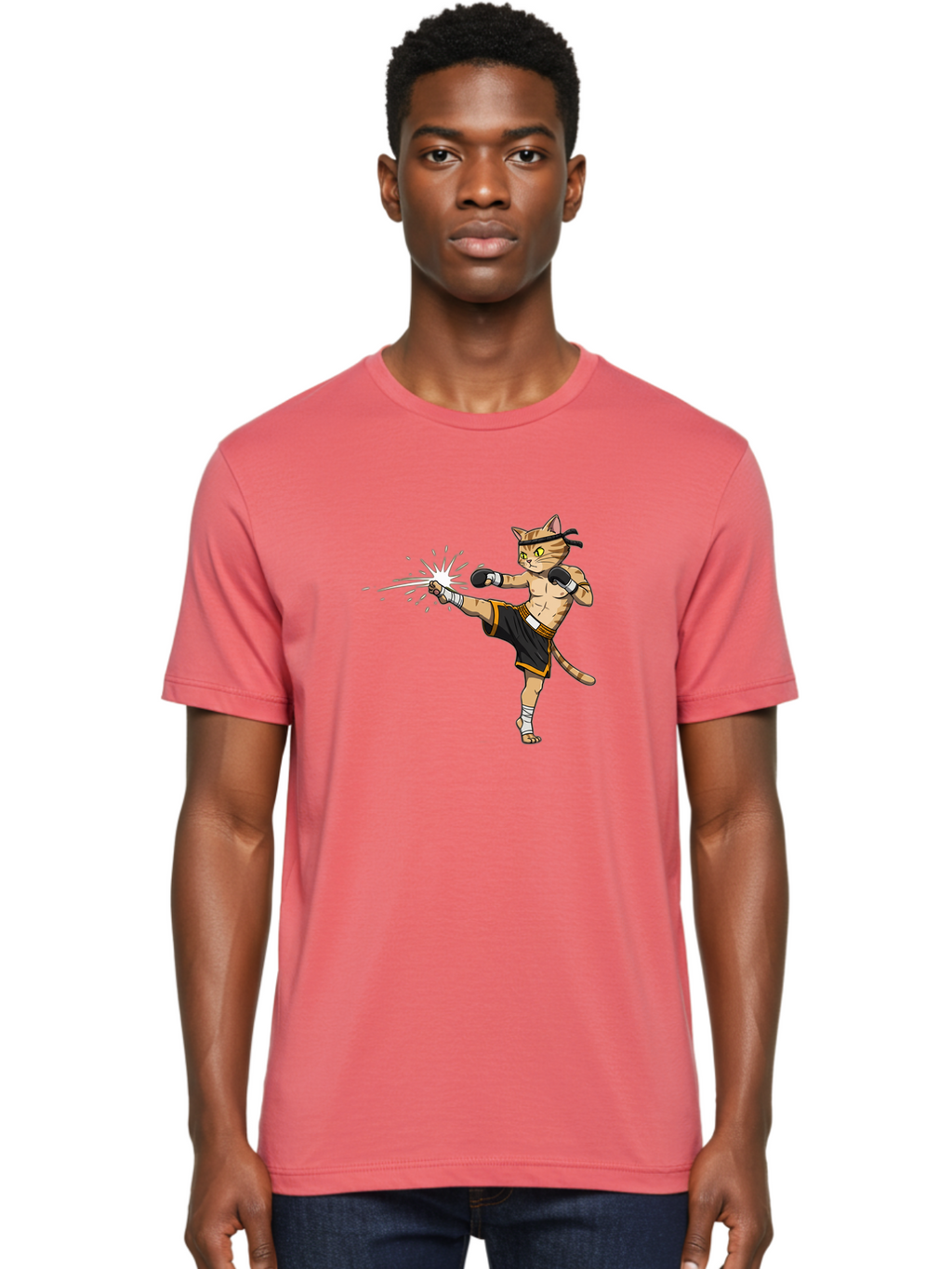 Cat-Kick Men'S Graphic Tee, 100% Cotton, Comfortable Casual Summer Wear, Machine Washable, Cartoon Cat, Muay Thai Fighter, Martial Arts, Kicking, Boxing Gloves, Dynamic Pose, Playful Humor, Animal Athlete, Energetic Motion, Fun Design Bae400