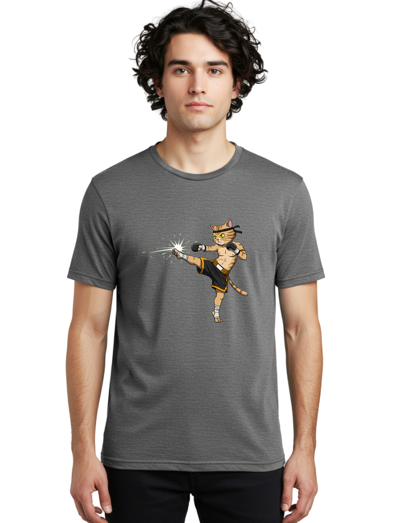 Cat-Kick Men'S Graphic Tee, 100% Cotton, Comfortable Casual Summer Wear, Machine Washable, Cartoon Cat, Muay Thai Fighter, Martial Arts, Kicking, Boxing Gloves, Dynamic Pose, Playful Humor, Animal Athlete, Energetic Motion, Fun Design Bae400