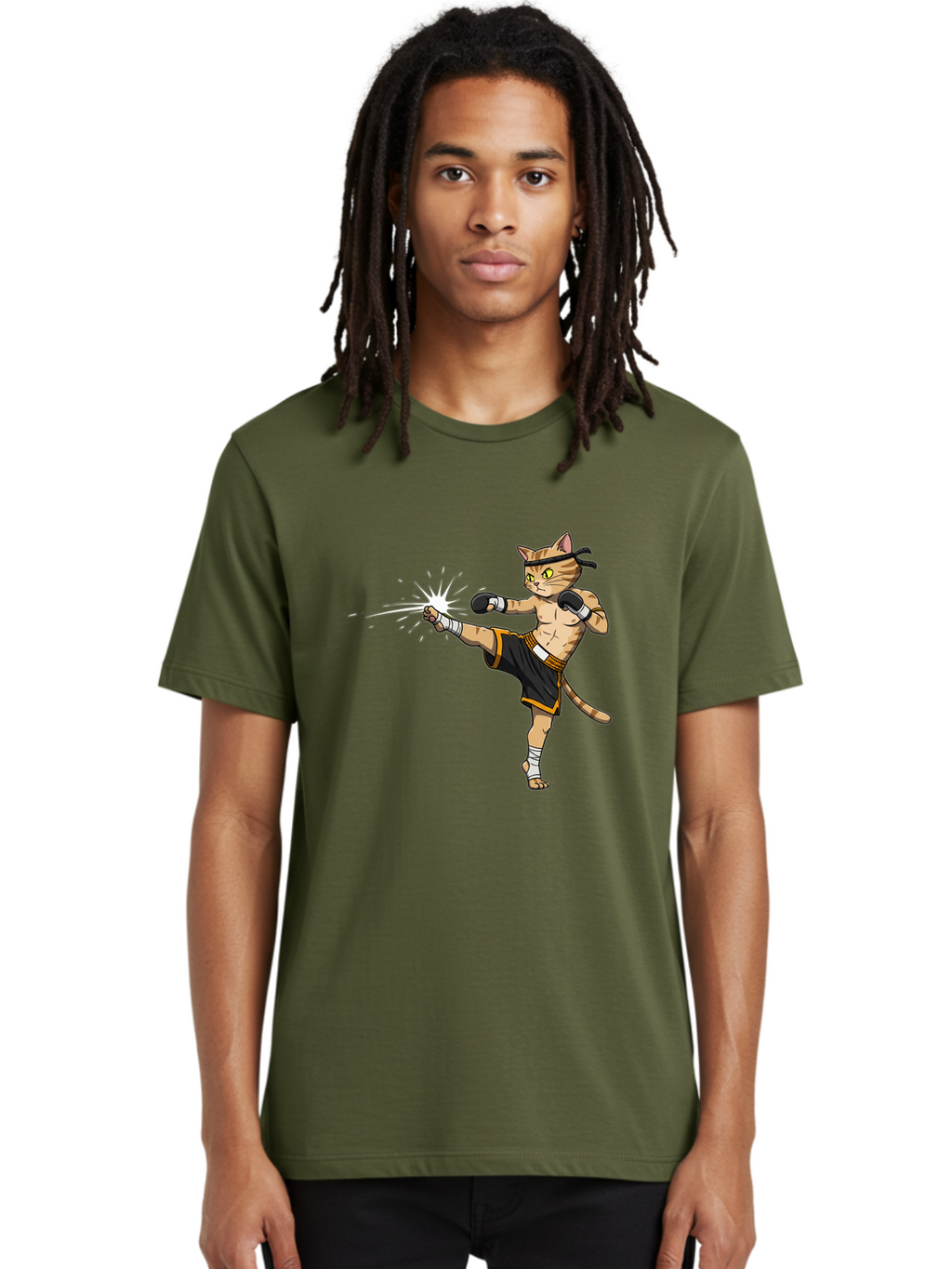 Cat-Kick Men'S Graphic Tee, 100% Cotton, Comfortable Casual Summer Wear, Machine Washable, Cartoon Cat, Muay Thai Fighter, Martial Arts, Kicking, Boxing Gloves, Dynamic Pose, Playful Humor, Animal Athlete, Energetic Motion, Fun Design Bae400