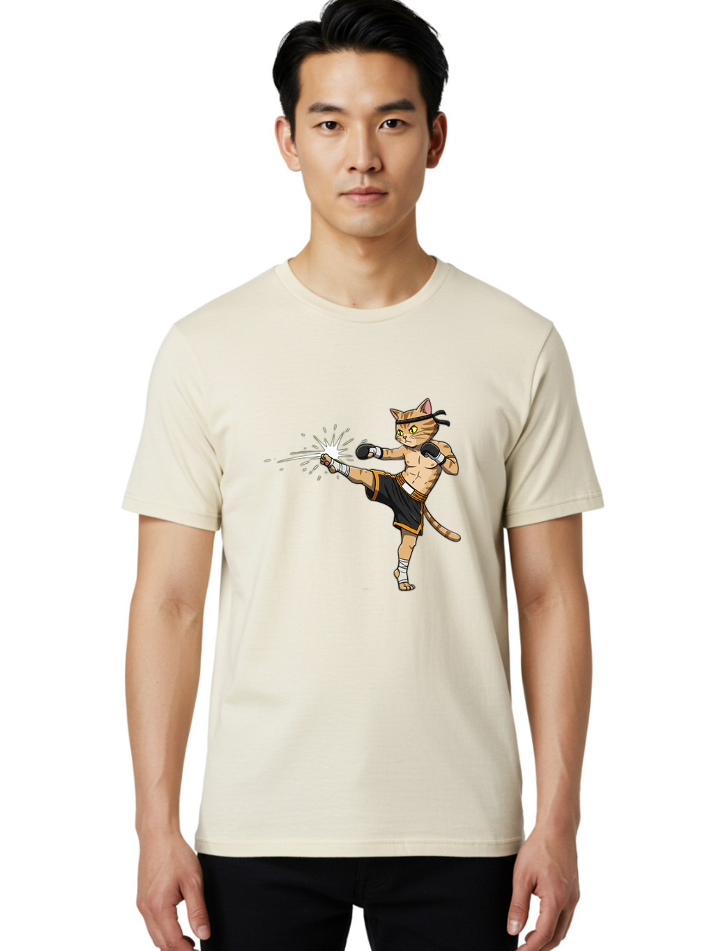 Cat-Kick Men'S Graphic Tee, 100% Cotton, Comfortable Casual Summer Wear, Machine Washable, Cartoon Cat, Muay Thai Fighter, Martial Arts, Kicking, Boxing Gloves, Dynamic Pose, Playful Humor, Animal Athlete, Energetic Motion, Fun Design Bae400