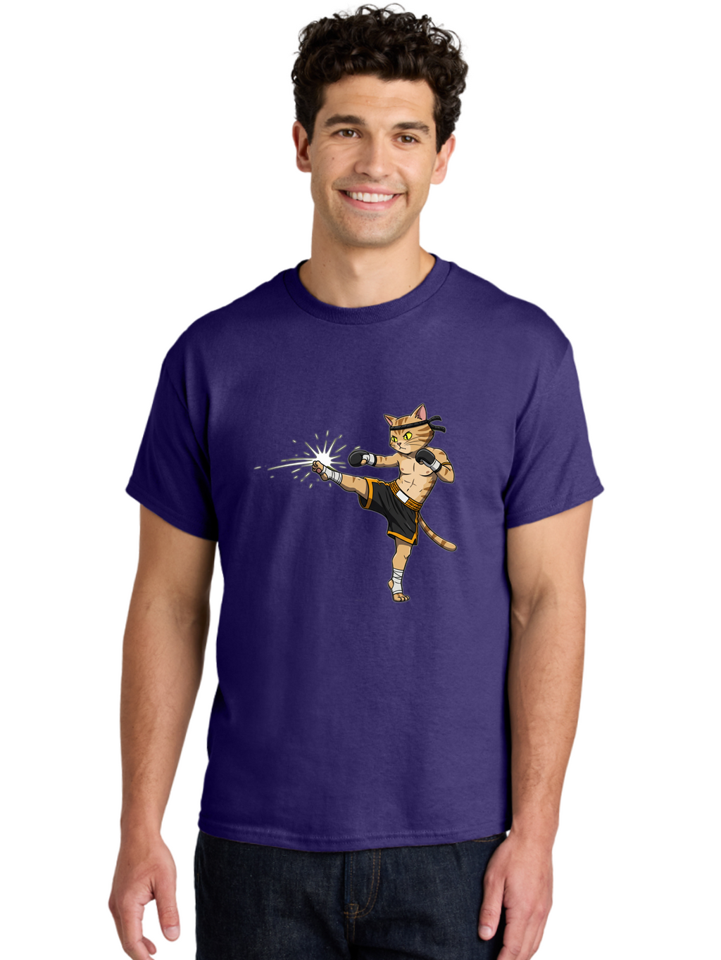 Cat-Kick Men'S Graphic Tee, 100% Cotton, Comfortable Casual Summer Wear, Machine Washable, Cartoon Cat, Muay Thai Fighter, Martial Arts, Kicking, Boxing Gloves, Dynamic Pose, Playful Humor, Animal Athlete, Energetic Motion, Fun Design Bae400
