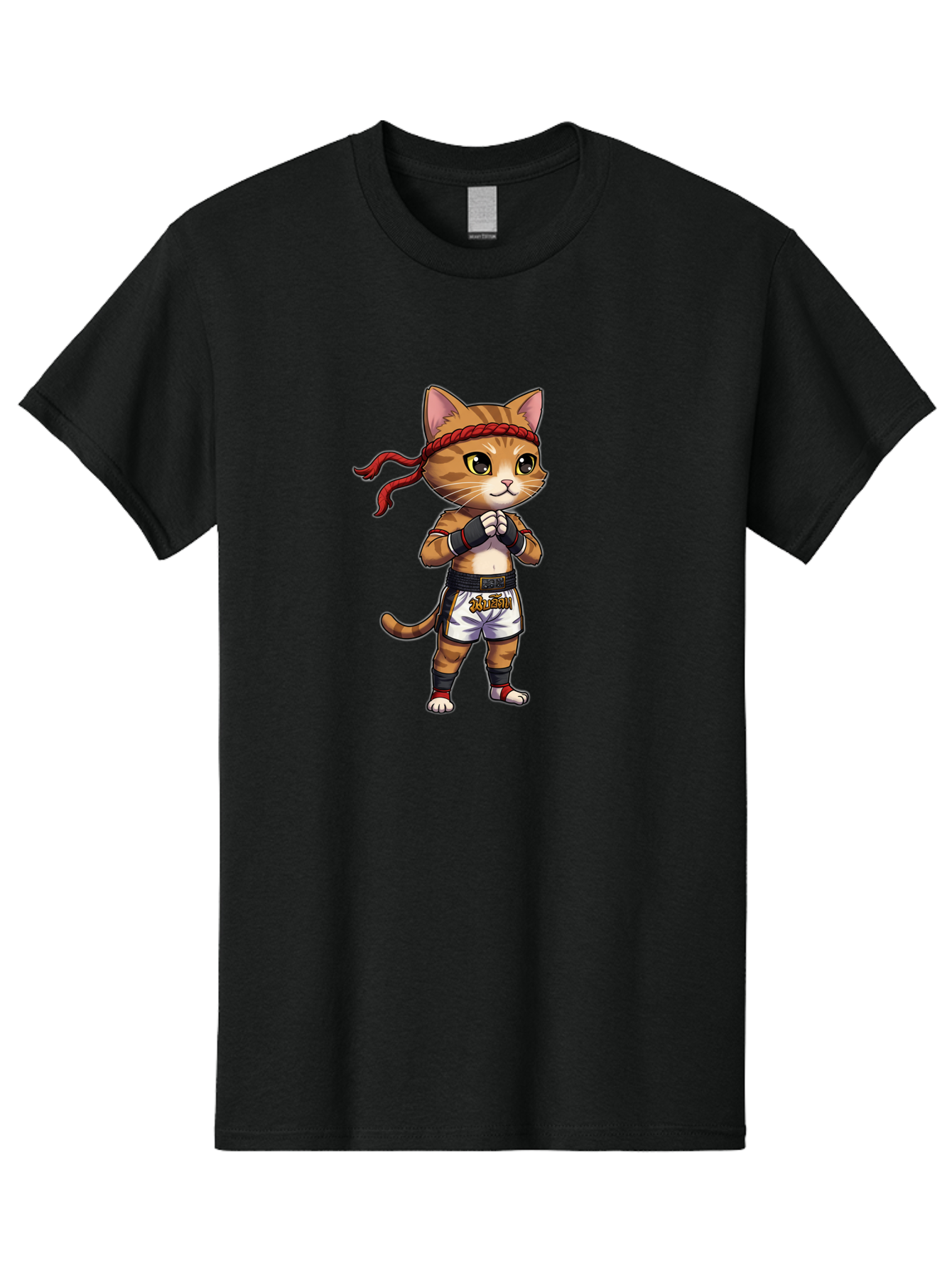Cat-Kickboxer Men'S Graphic Tee, 100% Cotton, Comfortable Casual Summer Wear, Machine Washable, Cartoon Cat In Muay Thai Attire, Martial Arts Training, Adorable Animal, Fighting Stance, Braided Headband, Black Tape, Orange Stripes, Bae401