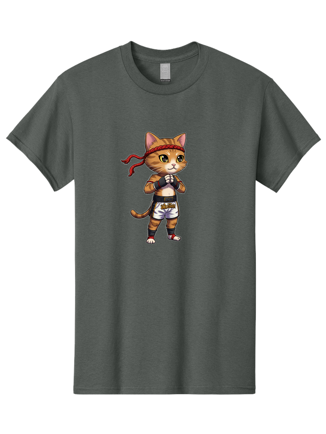 Cat-Kickboxer Men'S Graphic Tee, 100% Cotton, Comfortable Casual Summer Wear, Machine Washable, Cartoon Cat In Muay Thai Attire, Martial Arts Training, Adorable Animal, Fighting Stance, Braided Headband, Black Tape, Orange Stripes, Bae401