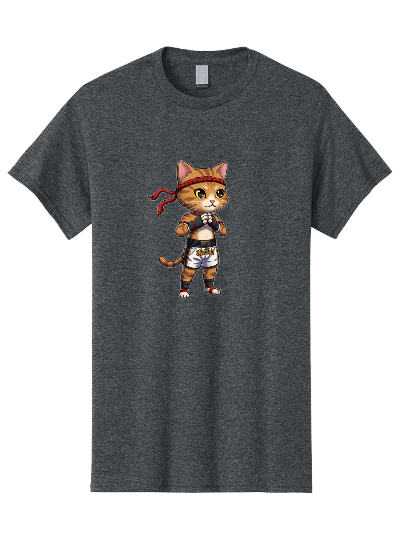 Cat-Kickboxer Men'S Graphic Tee, 100% Cotton, Comfortable Casual Summer Wear, Machine Washable, Cartoon Cat In Muay Thai Attire, Martial Arts Training, Adorable Animal, Fighting Stance, Braided Headband, Black Tape, Orange Stripes, Bae401