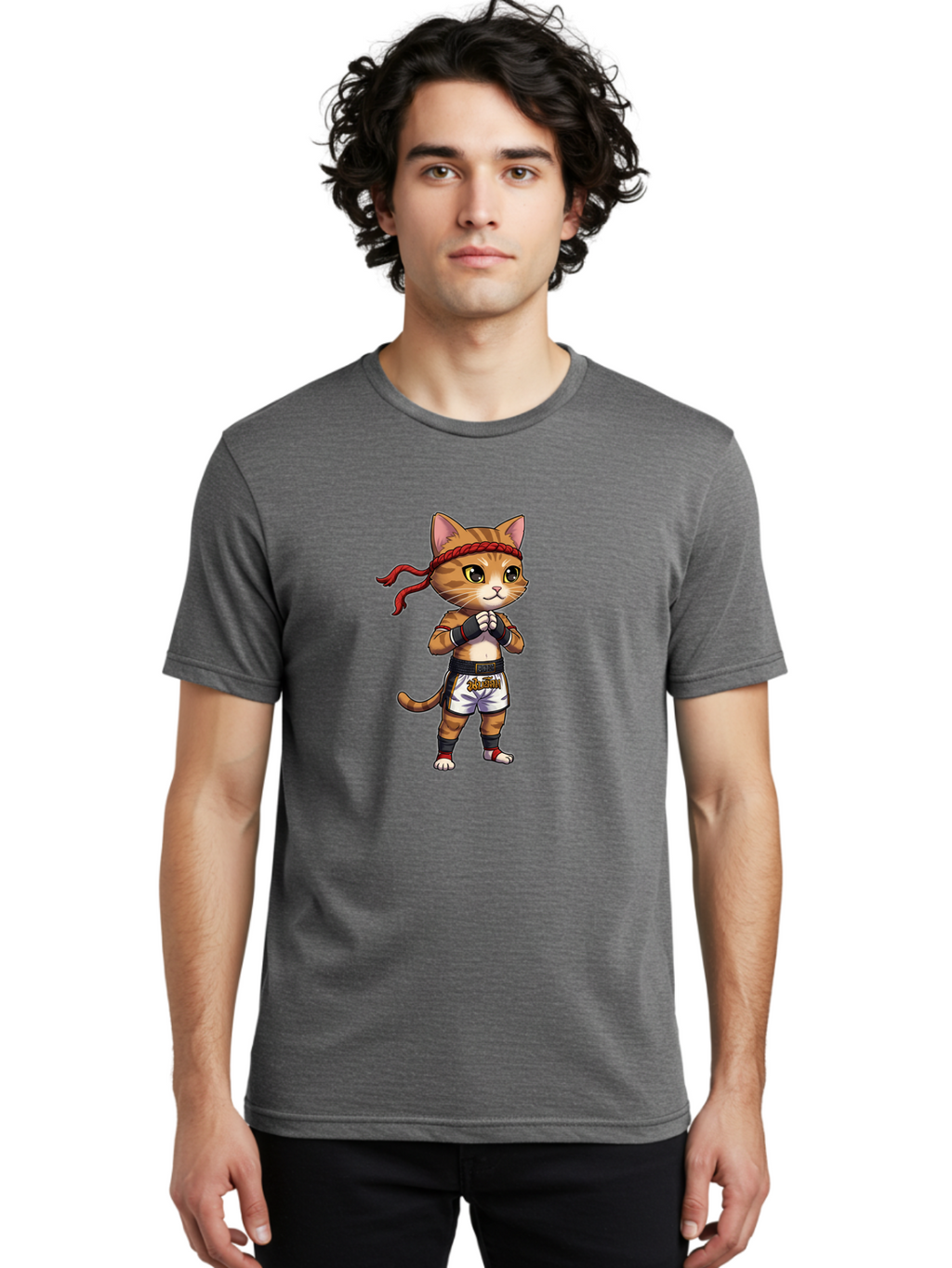 Cat-Kickboxer Men'S Graphic Tee, 100% Cotton, Comfortable Casual Summer Wear, Machine Washable, Cartoon Cat In Muay Thai Attire, Martial Arts Training, Adorable Animal, Fighting Stance, Braided Headband, Black Tape, Orange Stripes, Bae401