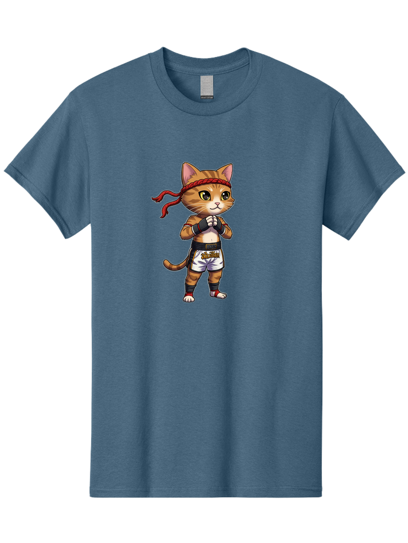 Cat-Kickboxer Men'S Graphic Tee, 100% Cotton, Comfortable Casual Summer Wear, Machine Washable, Cartoon Cat In Muay Thai Attire, Martial Arts Training, Adorable Animal, Fighting Stance, Braided Headband, Black Tape, Orange Stripes, Bae401