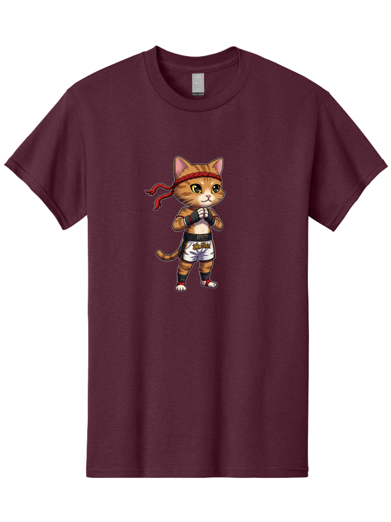 Cat-Kickboxer Men'S Graphic Tee, 100% Cotton, Comfortable Casual Summer Wear, Machine Washable, Cartoon Cat In Muay Thai Attire, Martial Arts Training, Adorable Animal, Fighting Stance, Braided Headband, Black Tape, Orange Stripes, Bae401