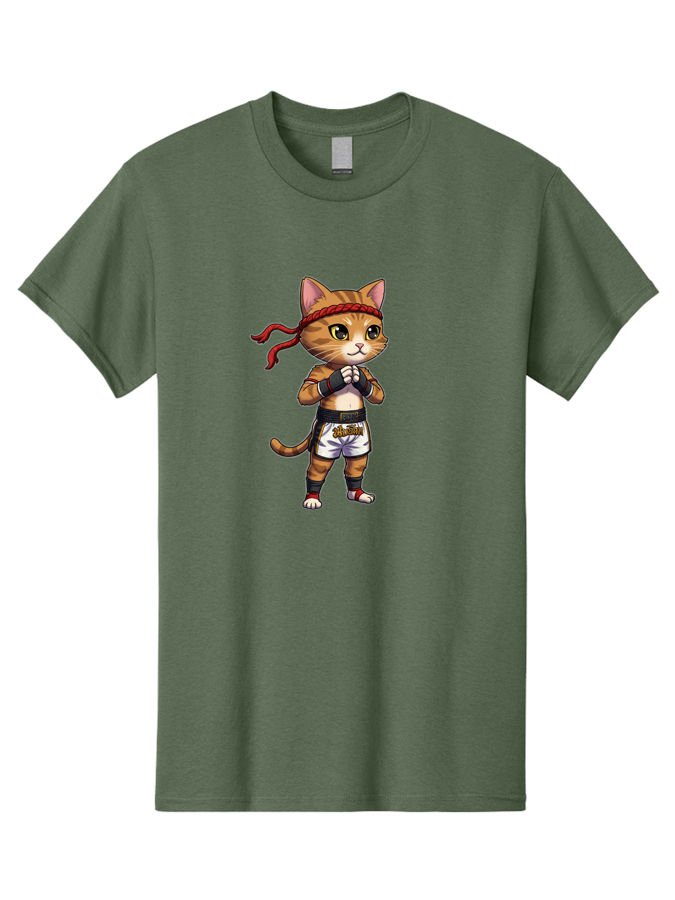 Cat-Kickboxer Men'S Graphic Tee, 100% Cotton, Comfortable Casual Summer Wear, Machine Washable, Cartoon Cat In Muay Thai Attire, Martial Arts Training, Adorable Animal, Fighting Stance, Braided Headband, Black Tape, Orange Stripes, Bae401