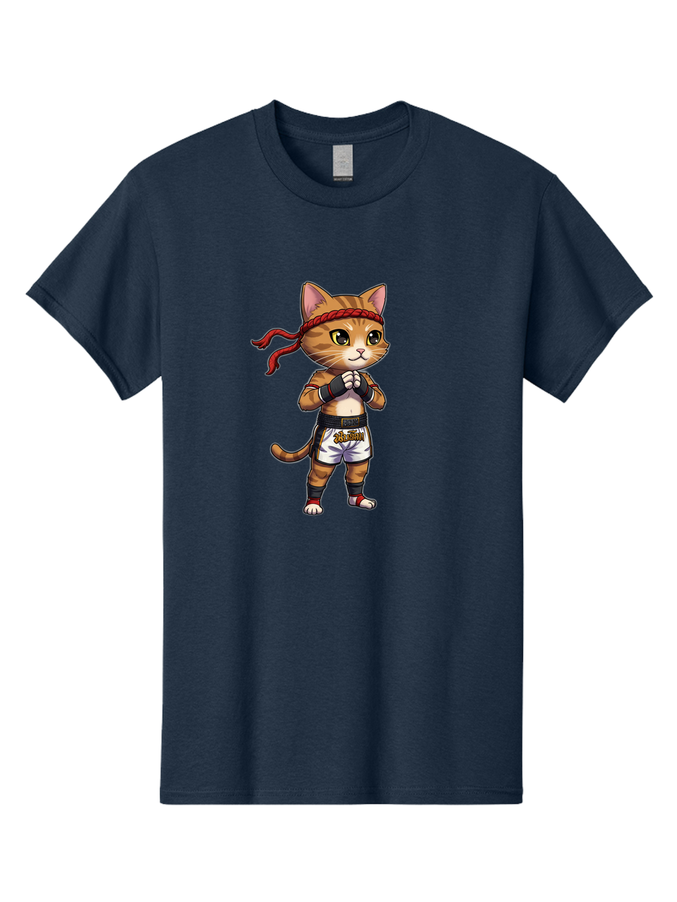 Cat-Kickboxer Men'S Graphic Tee, 100% Cotton, Comfortable Casual Summer Wear, Machine Washable, Cartoon Cat In Muay Thai Attire, Martial Arts Training, Adorable Animal, Fighting Stance, Braided Headband, Black Tape, Orange Stripes, Bae401