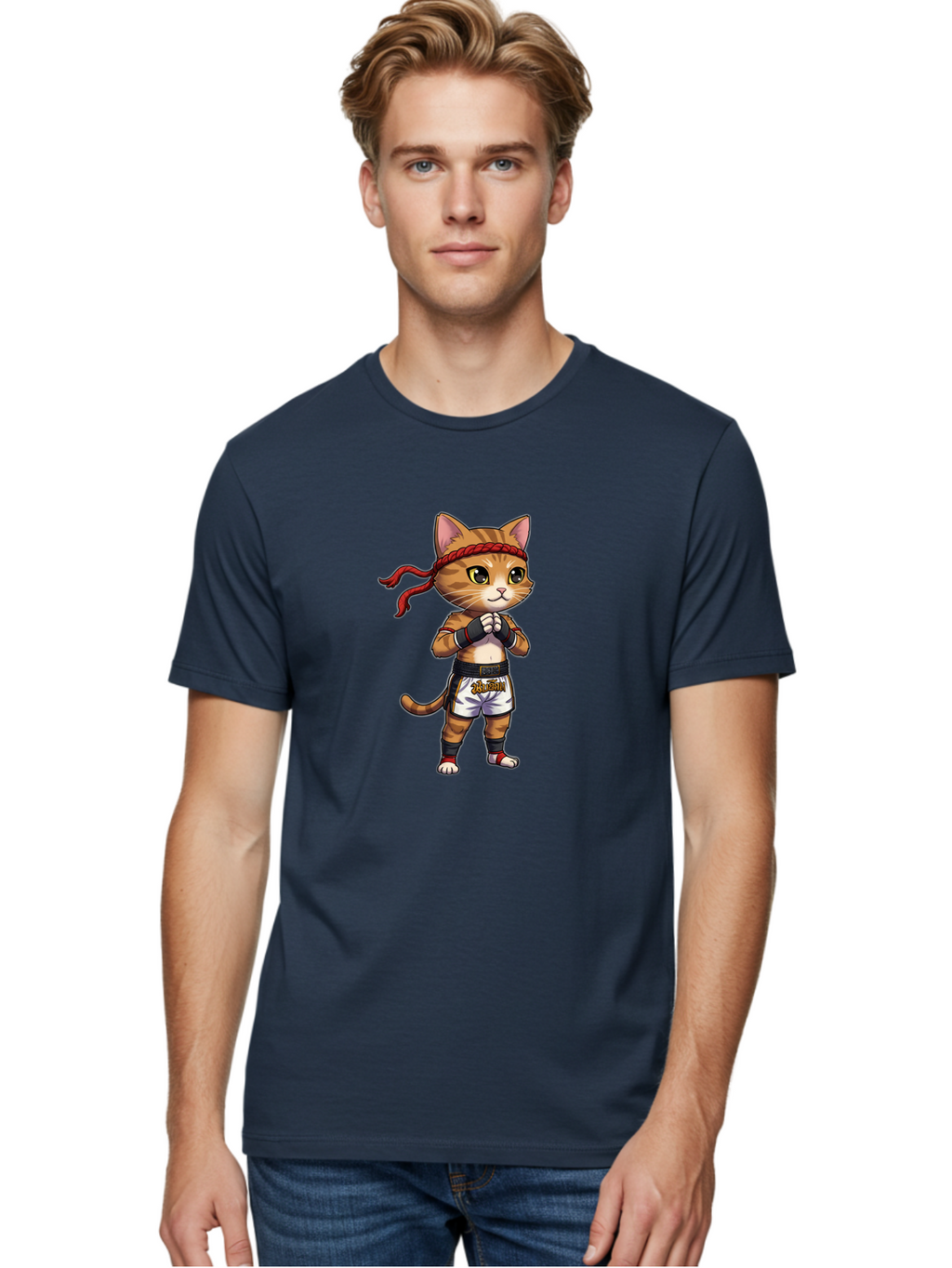 Cat-Kickboxer Men'S Graphic Tee, 100% Cotton, Comfortable Casual Summer Wear, Machine Washable, Cartoon Cat In Muay Thai Attire, Martial Arts Training, Adorable Animal, Fighting Stance, Braided Headband, Black Tape, Orange Stripes, Bae401