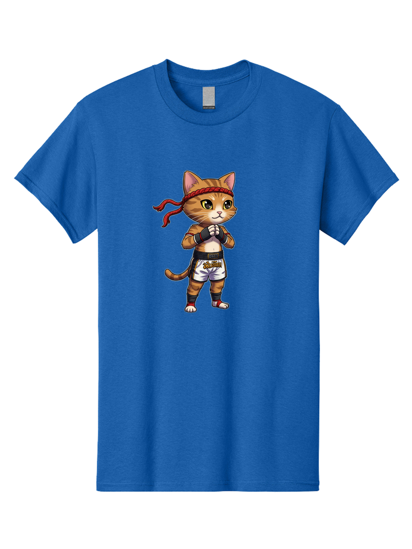 Cat-Kickboxer Men'S Graphic Tee, 100% Cotton, Comfortable Casual Summer Wear, Machine Washable, Cartoon Cat In Muay Thai Attire, Martial Arts Training, Adorable Animal, Fighting Stance, Braided Headband, Black Tape, Orange Stripes, Bae401