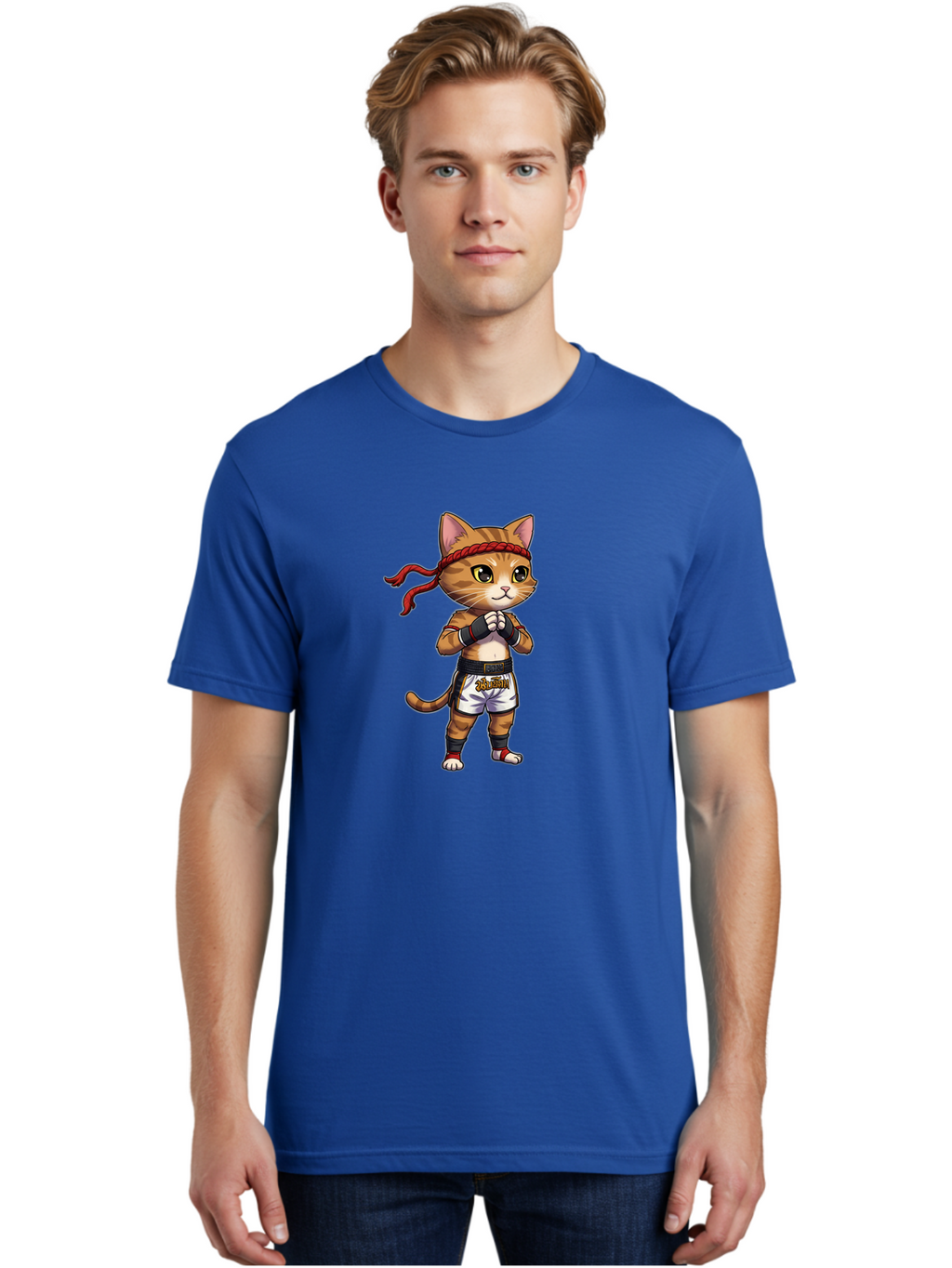 Cat-Kickboxer Men'S Graphic Tee, 100% Cotton, Comfortable Casual Summer Wear, Machine Washable, Cartoon Cat In Muay Thai Attire, Martial Arts Training, Adorable Animal, Fighting Stance, Braided Headband, Black Tape, Orange Stripes, Bae401