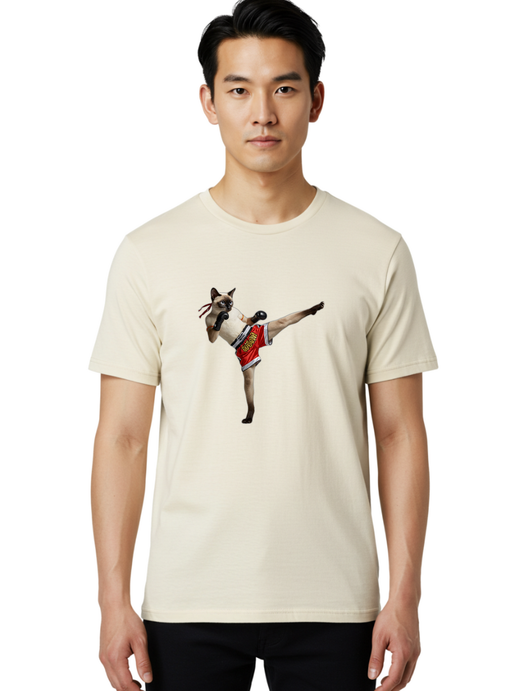 Cat-Kickboxing Men'S Graphic Tee, 100% Cotton, Comfortable Casual Summer Wear, Machine Washable, Siamese Cat Kickboxing, Anthropomorphic Cat, Boxing Gloves, Red Shorts, Martial Arts, Fighting Stance, Funny Animals, Cat Humor, Feline Antics, Bae402