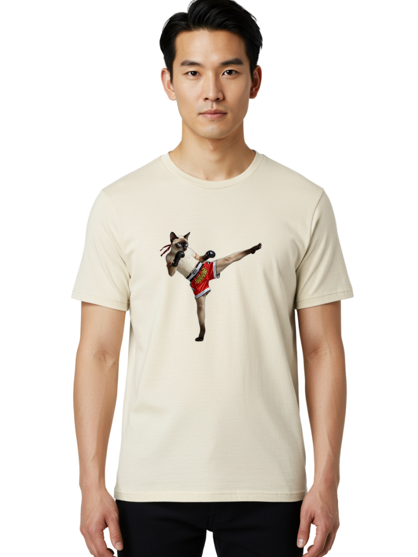 Cat-Kickboxing Men'S Graphic Tee, 100% Cotton, Comfortable Casual Summer Wear, Machine Washable, Siamese Cat Kickboxing, Anthropomorphic Cat, Boxing Gloves, Red Shorts, Martial Arts, Fighting Stance, Funny Animals, Cat Humor, Feline Antics, Bae402